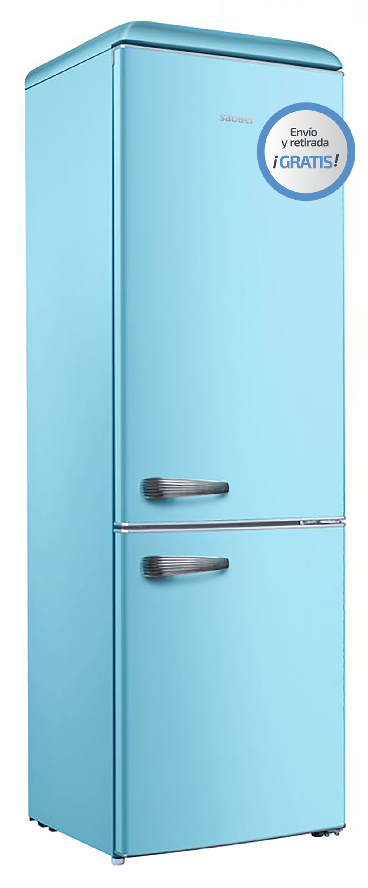 Refrigerador retro azul celeste con texto y manija.