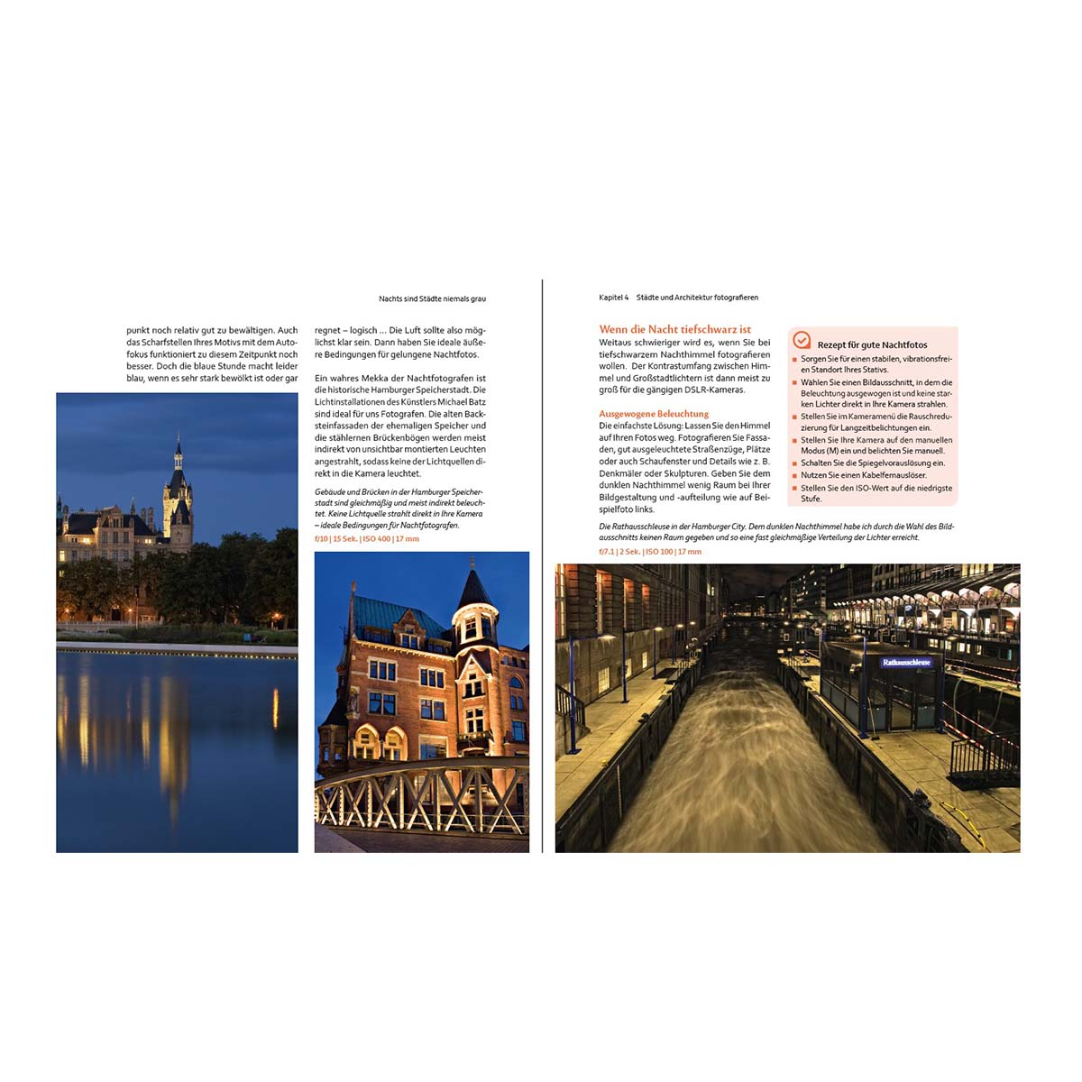 Magazin-Doppelseite mit Nachtfotografie-Beispielen, darunter Gebäude und ein Kanal.