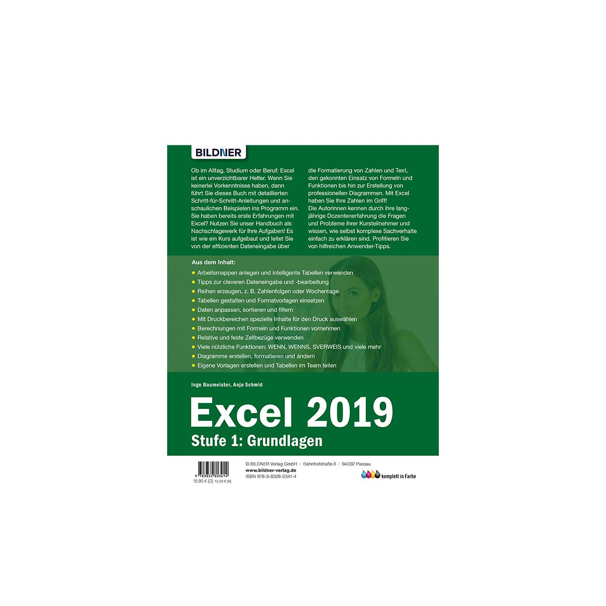 Buchcover für Excel 2019 mit Text und einem Foto einer Frau. Grünes und weißes Design.
