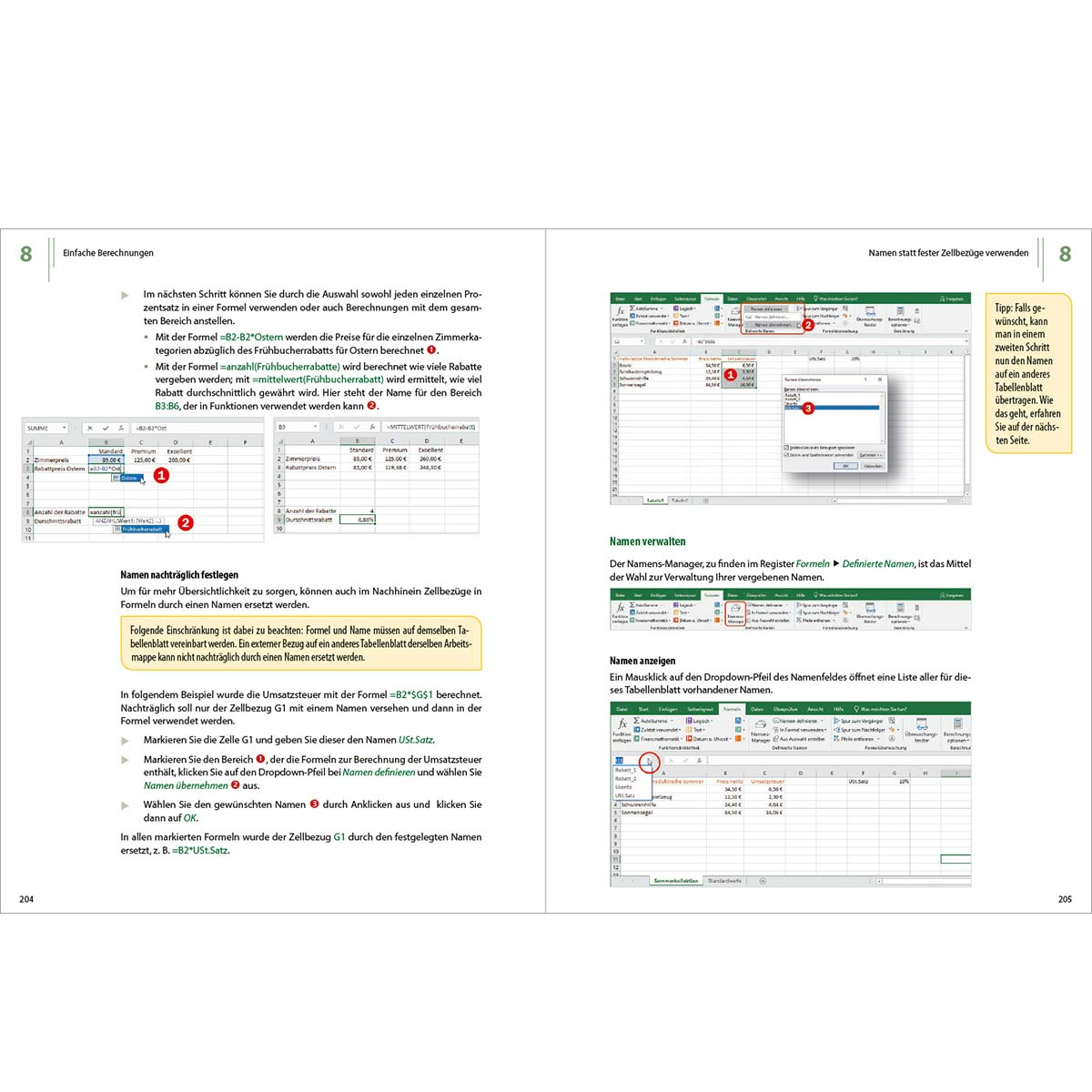 Seiten aus einem Excel-Handbuch mit Screenshots und hervorgehobenen Abschnitten. Text ist in Deutsch.