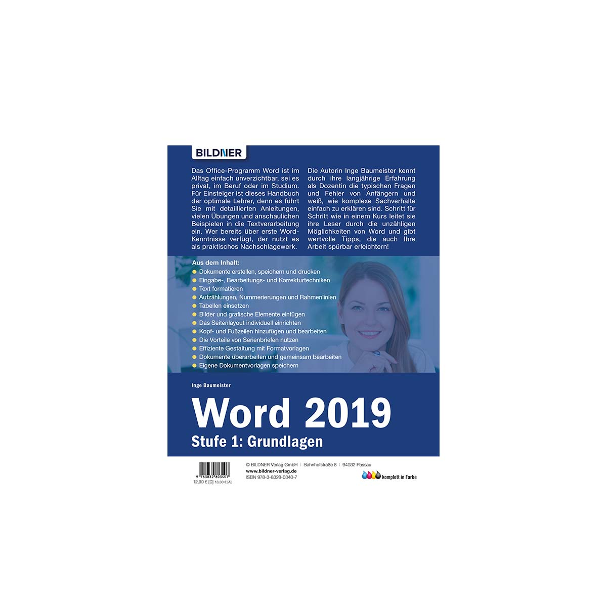 Ein Buchcover für 'Word 2019' mit einem Foto einer Frau.
