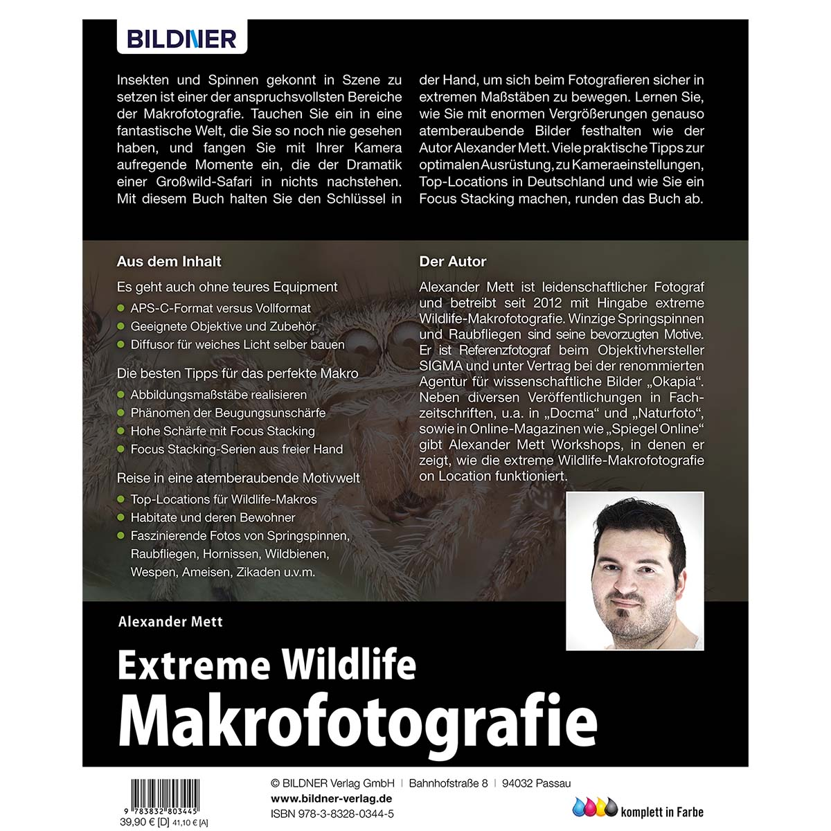 Buchcover mit Text und einem Bild einer Person. Titel: Extreme Wildlife Makrofotografie.