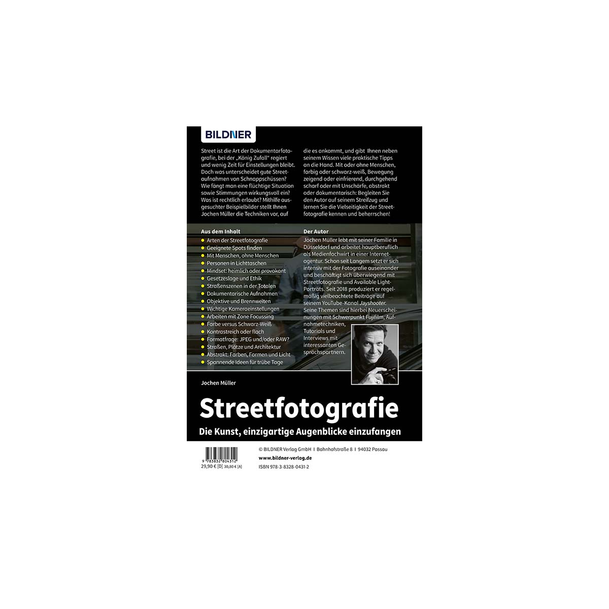 Buchcover mit Text und einem Foto eines Mannes. Der Titel lautet 'Streetfotografie' in fetten Buchstaben.