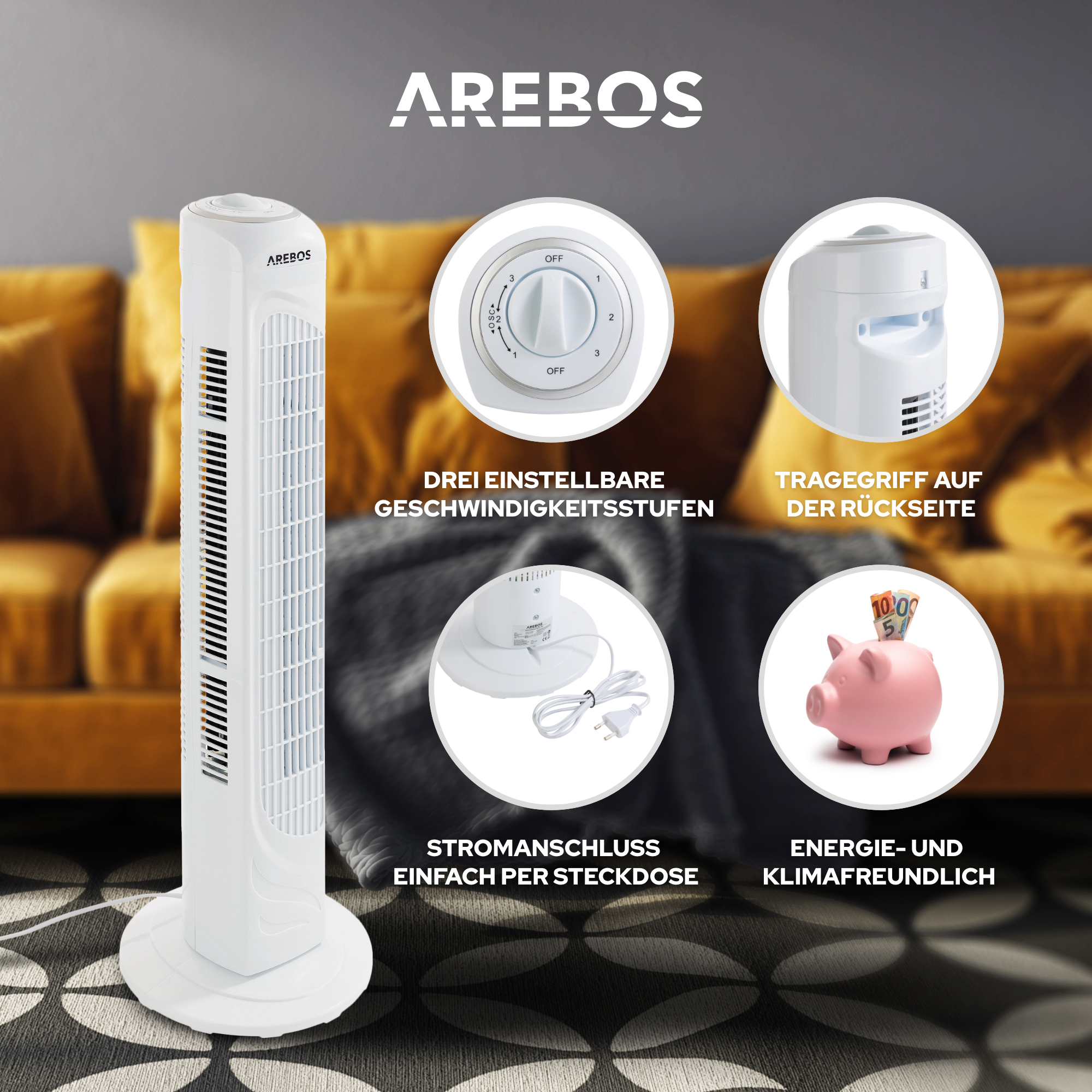 50 AREBOS | Watt Turmventilator 60°-Oszillation | weiß