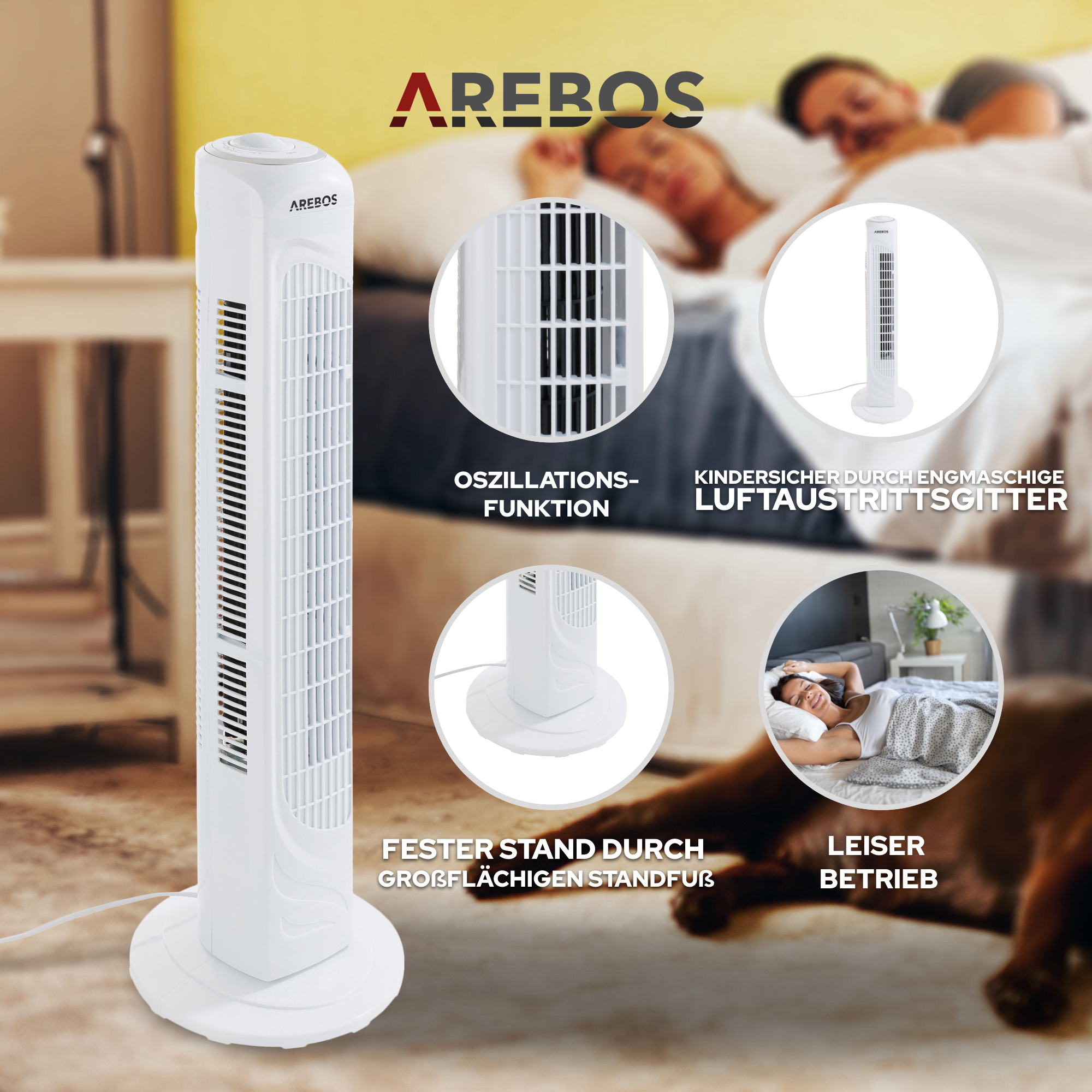 AREBOS | Turmventilator 50 Watt 60°-Oszillation weiß 