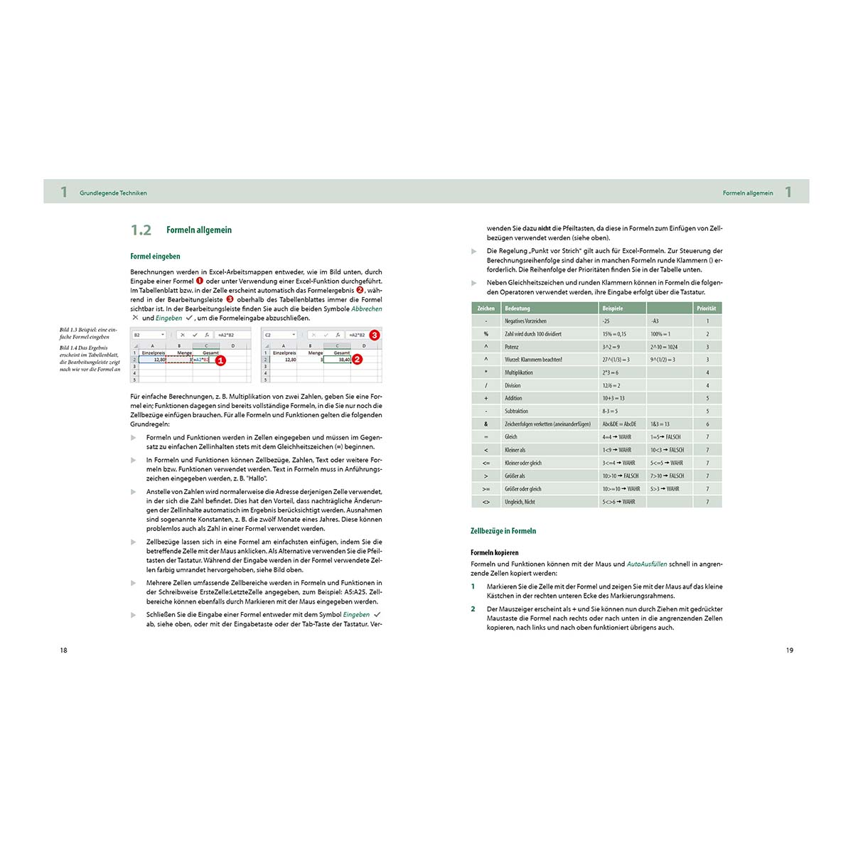 Eine Seite aus einem deutschen Lehrbuch über Formeln in Excel, mit Beispielen.