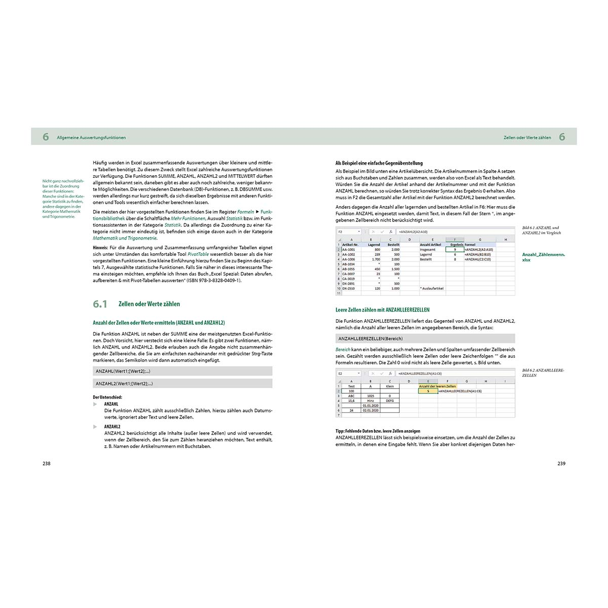 Zwei Seiten eines Buches mit Text, Tabellen und Diagrammen, mit einer Nahaufnahme eines Excel-Blattes.