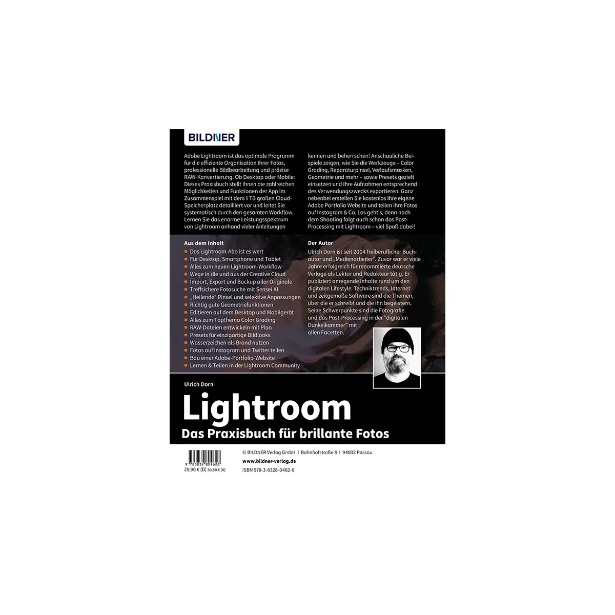 Buchcover von 'Lightroom: Das Praxisbuch für brillante Fotos' von Ulrich Dorn mit einem Männerporträt.