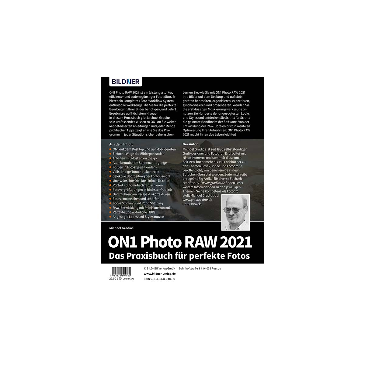 Buchcover, weißer Hintergrund. Titel: ON1 Photo RAW 2021. Autor: Michael Gradias, mit Text und Bild.
