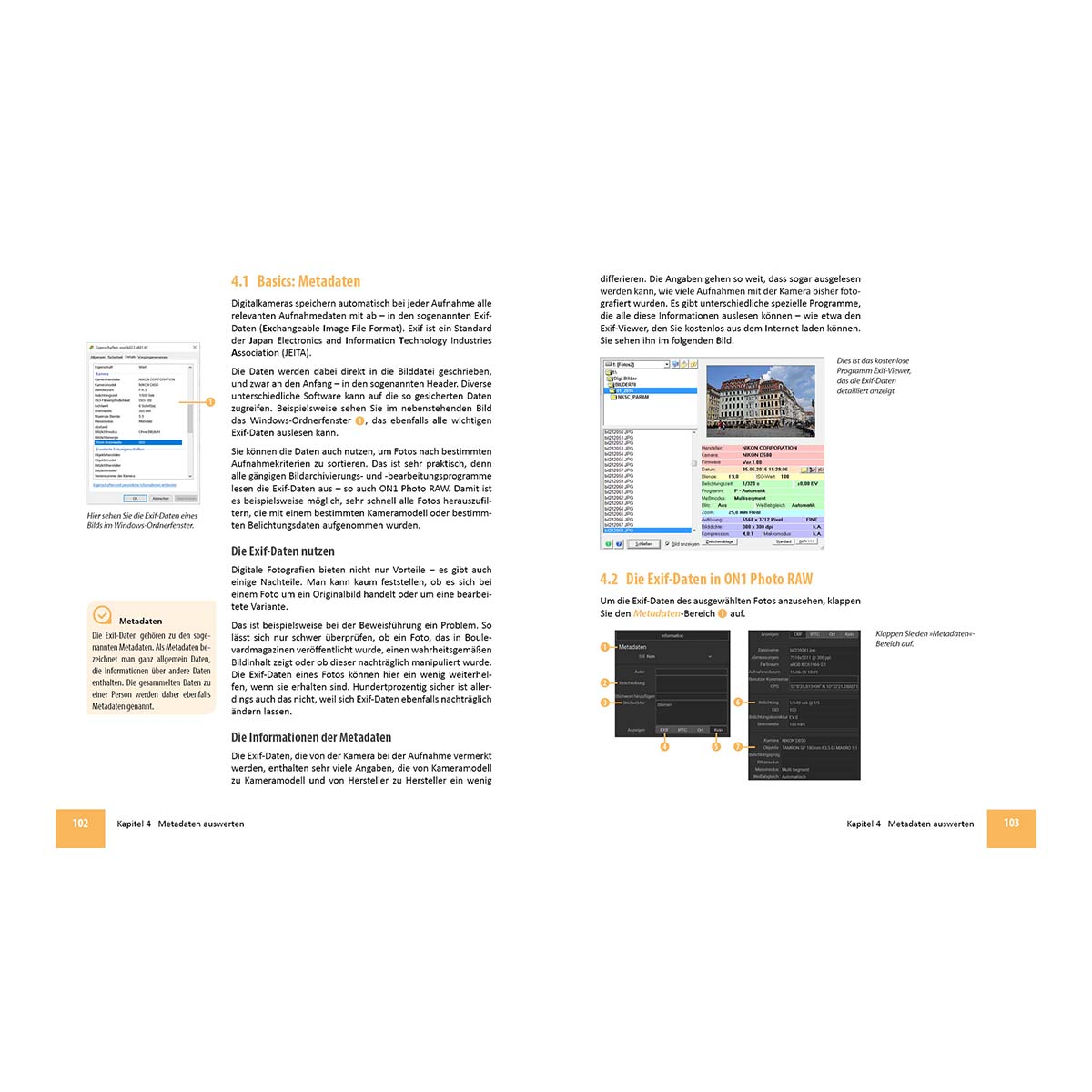 Ein Buch mit Bildern und Text, das Metadaten erklärt. Zwei Screenshots einer Software sind sichtbar.