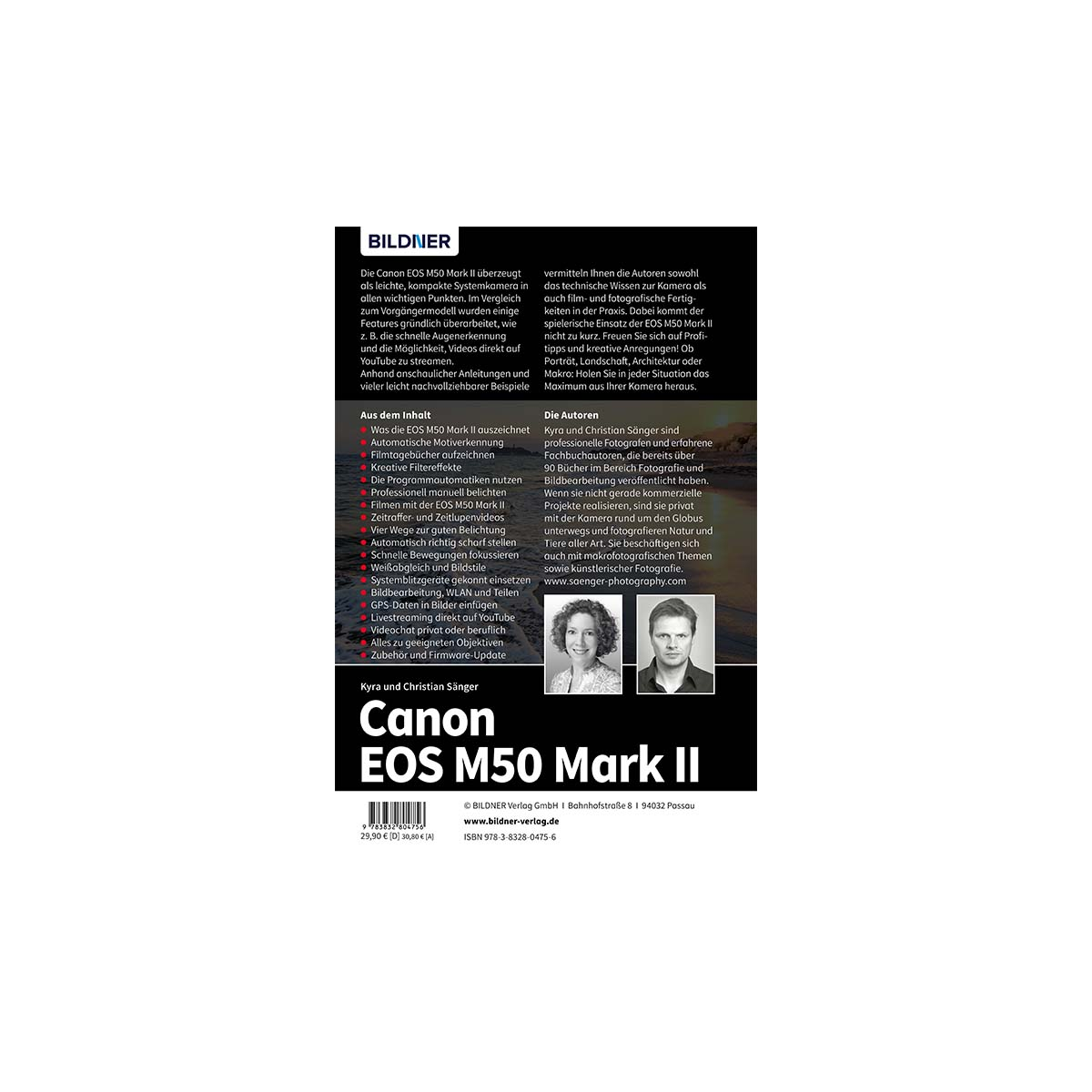 Ein Buchcover mit Text über die Canon EOS M50 Mark II Kamera, mit Fotos der Autoren.