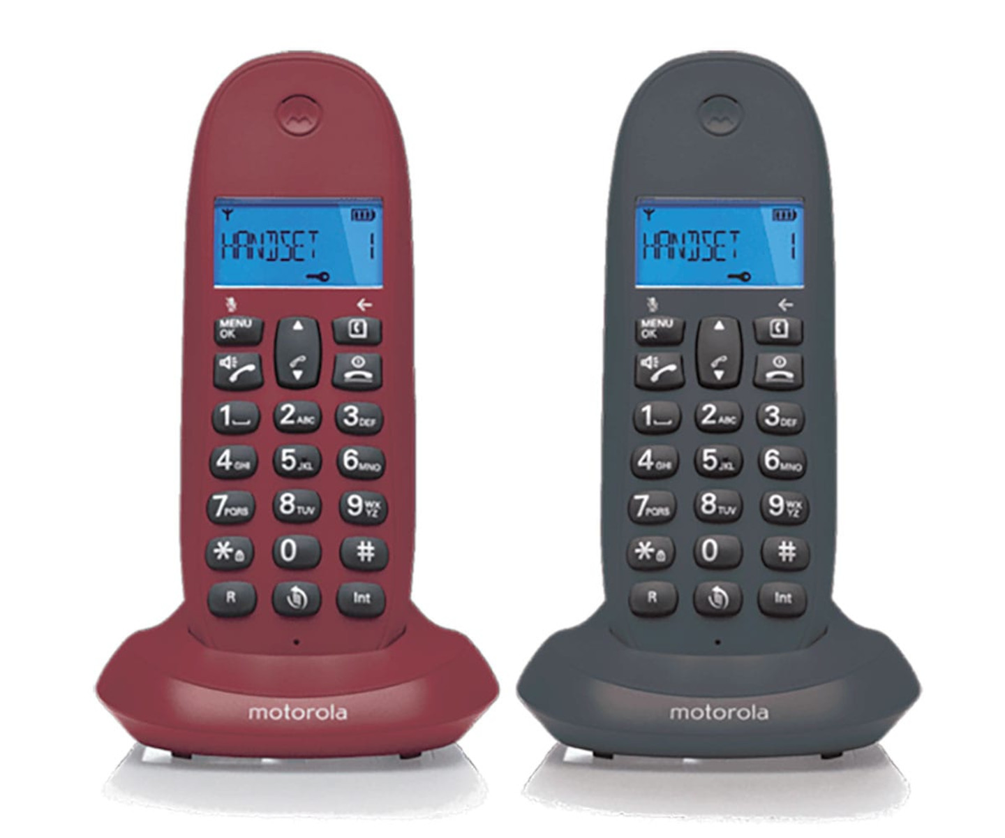 Dos teléfonos inalámbricos Motorola: uno rojo, uno gris oscuro, ambos con pantallas azules y teclas numéricas.