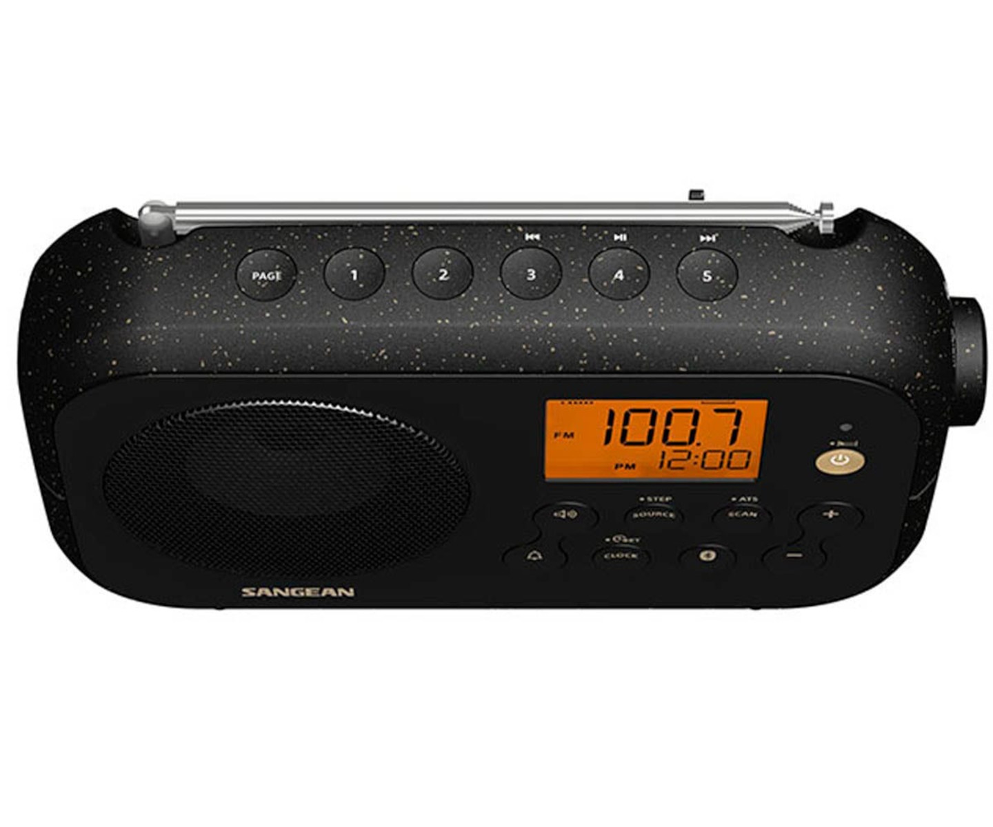 Radio Sangean nera con display digitale che mostra 100,7 FM e 12:00 PM.