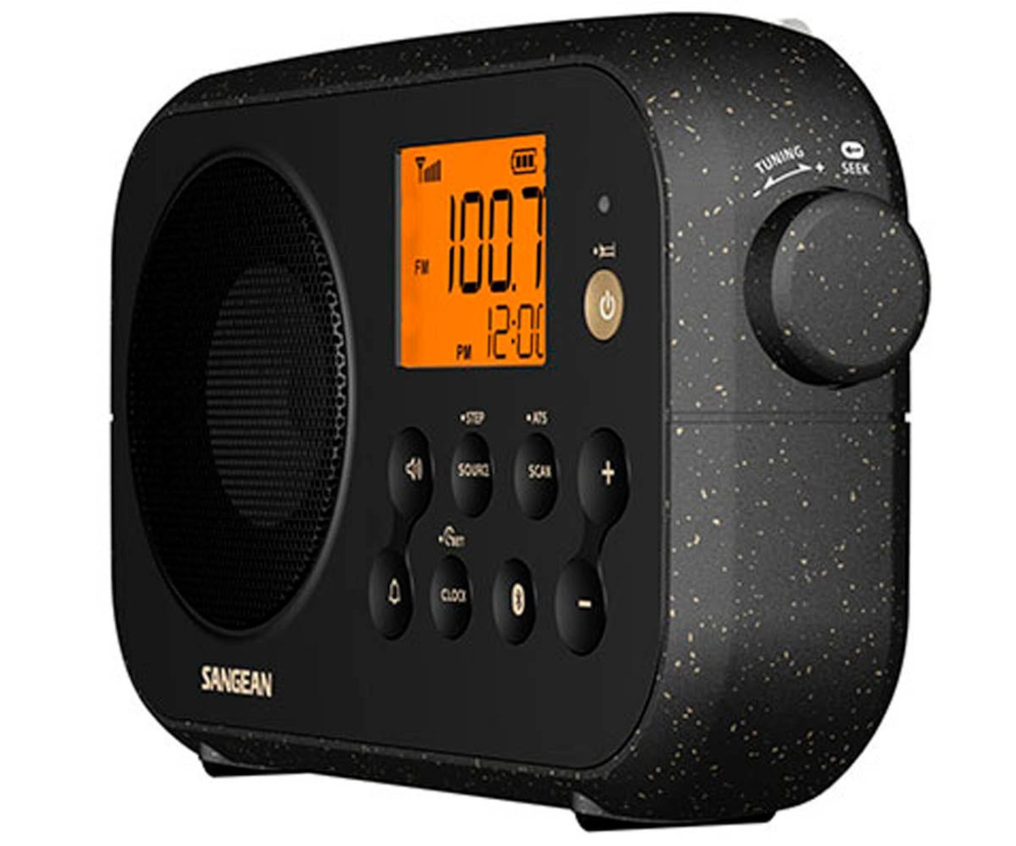 Radio nera con display digitale che mostra 100.7 FM e pulsanti.