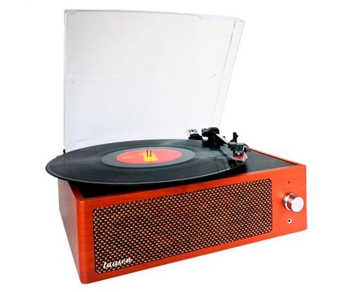 Un tocadiscos de madera con un disco reproduciéndose. El tocadiscos tiene un altavoz y una cubierta transparente.