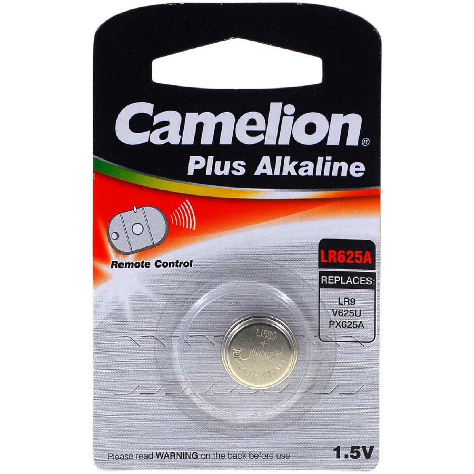 Paquete de pilas Camelion Plus Alkaline con una pila LR625A visible. Fondo blanco.