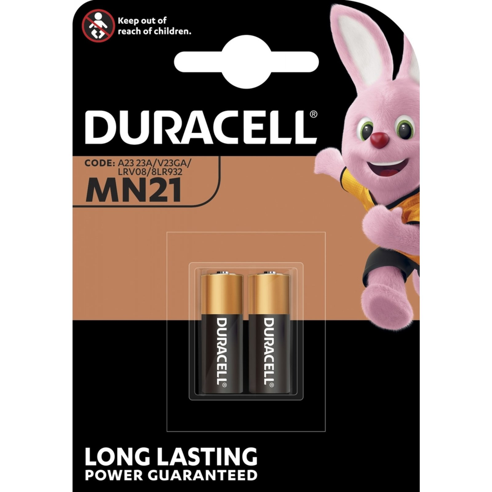 Dos pilas Duracell en blíster, con una mascota de conejito rosa. Fondo marrón con texto.
