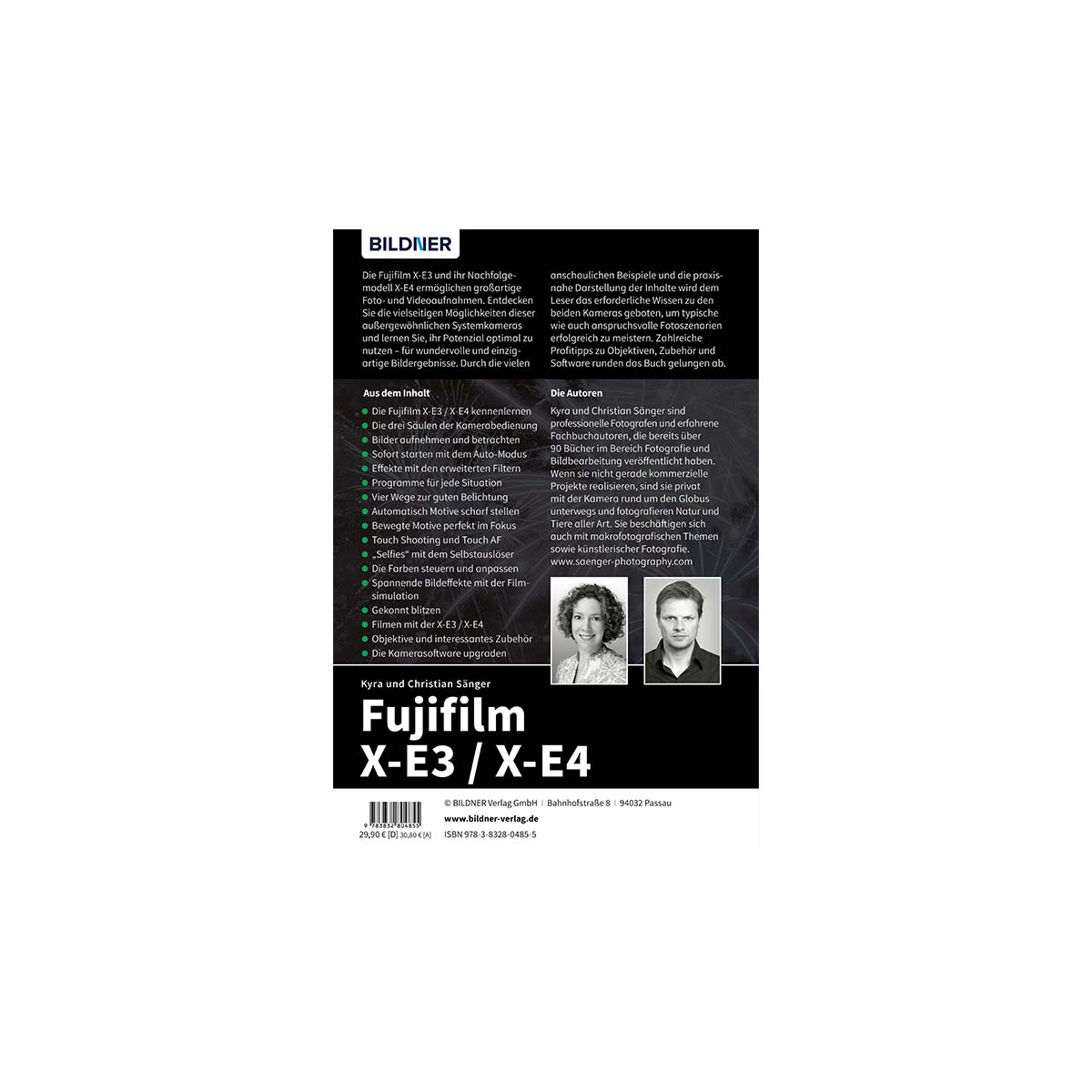 Buchumschlag mit dem Text 'Fujifilm X-E3/X-E4' und Bildern, mit Text auf der linken und rechten Seite.