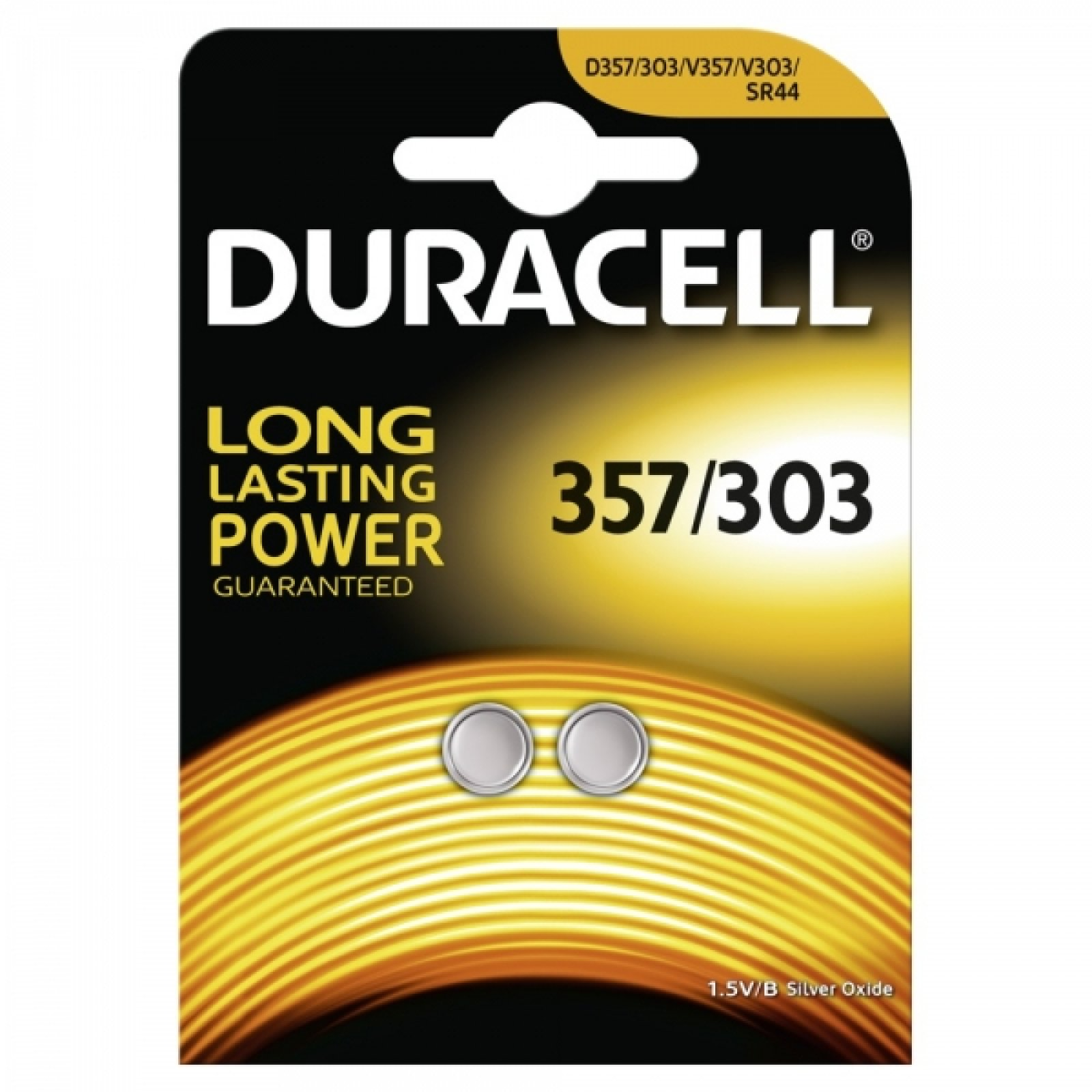 Paquete de baterías Duracell 357/303 con dos baterías visibles.
