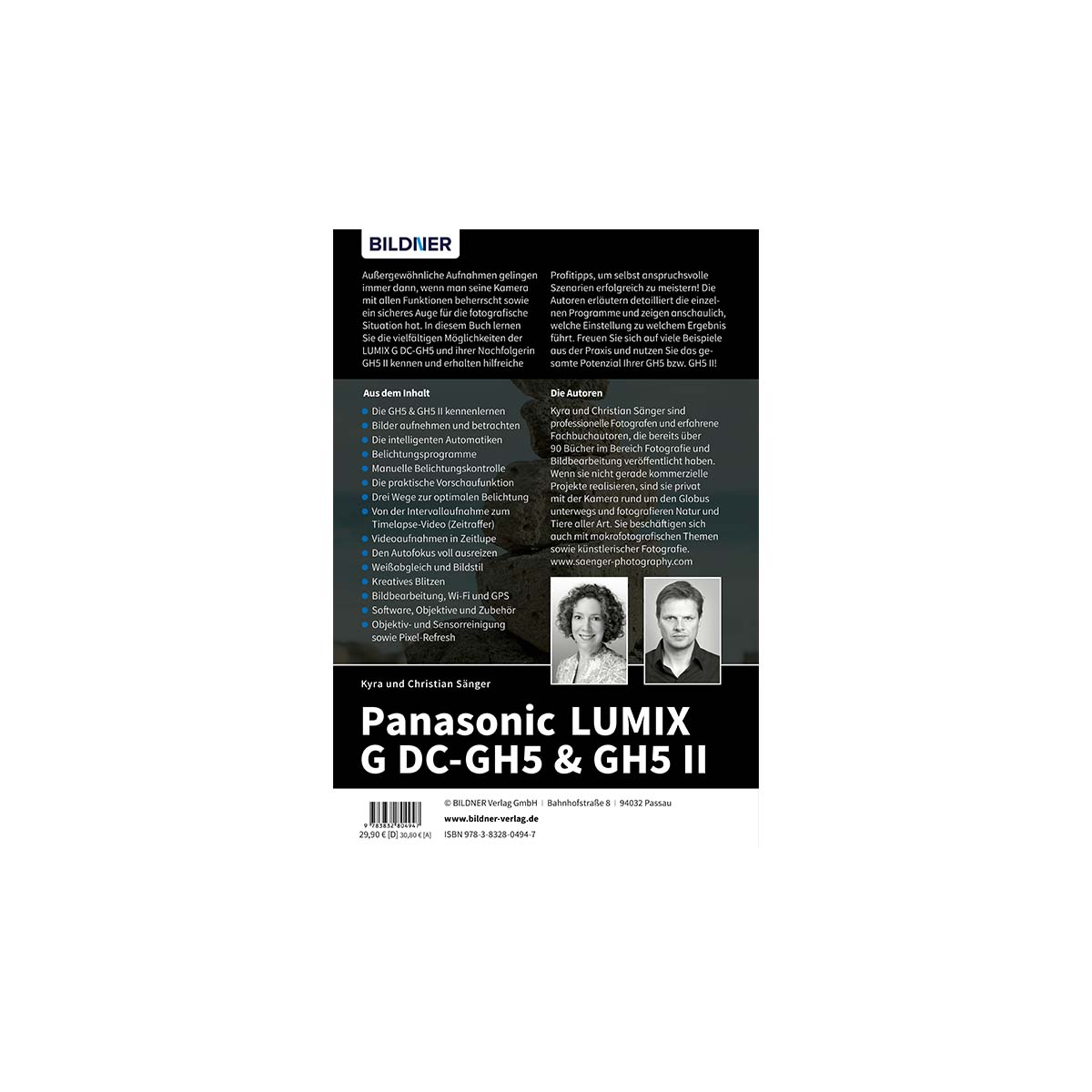 Buchcover mit dem Titel 'Panasonic LUMIX G DC-GH5 & GH5 II' mit Fotos und Text der Autoren.