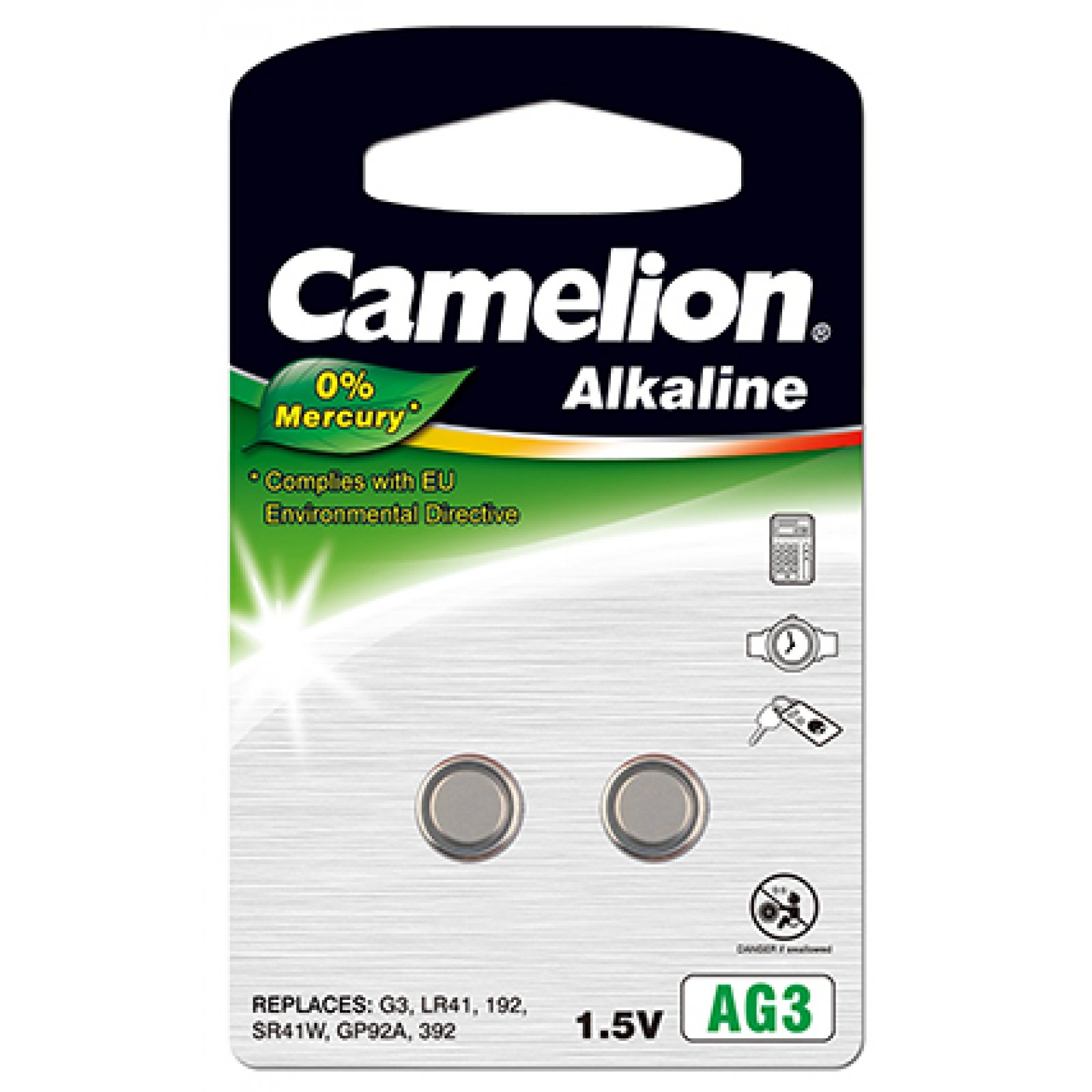 Pilas Camellion AG3 en un paquete blanco y negro, con una etiqueta verde y blanca.