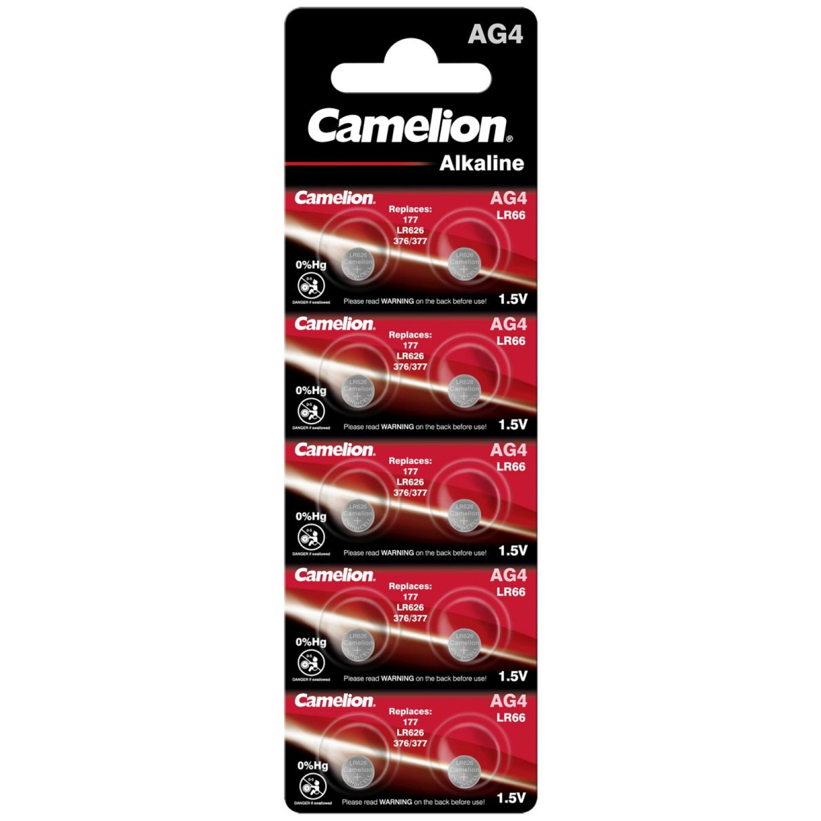Paquete de baterías Camelion con múltiples baterías AG4 LR66 y texto.