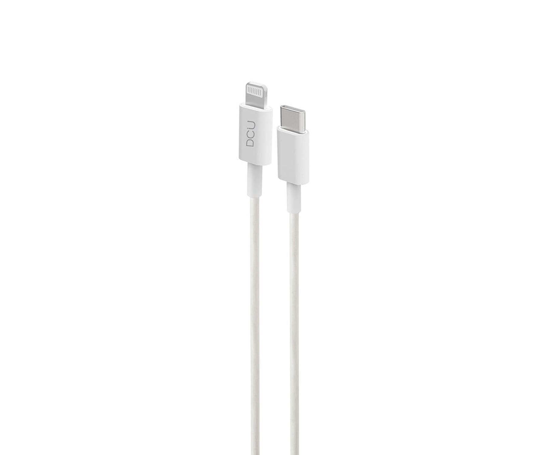 Cavo di ricarica bianco con connettore Lightning e USB-C su sfondo bianco.