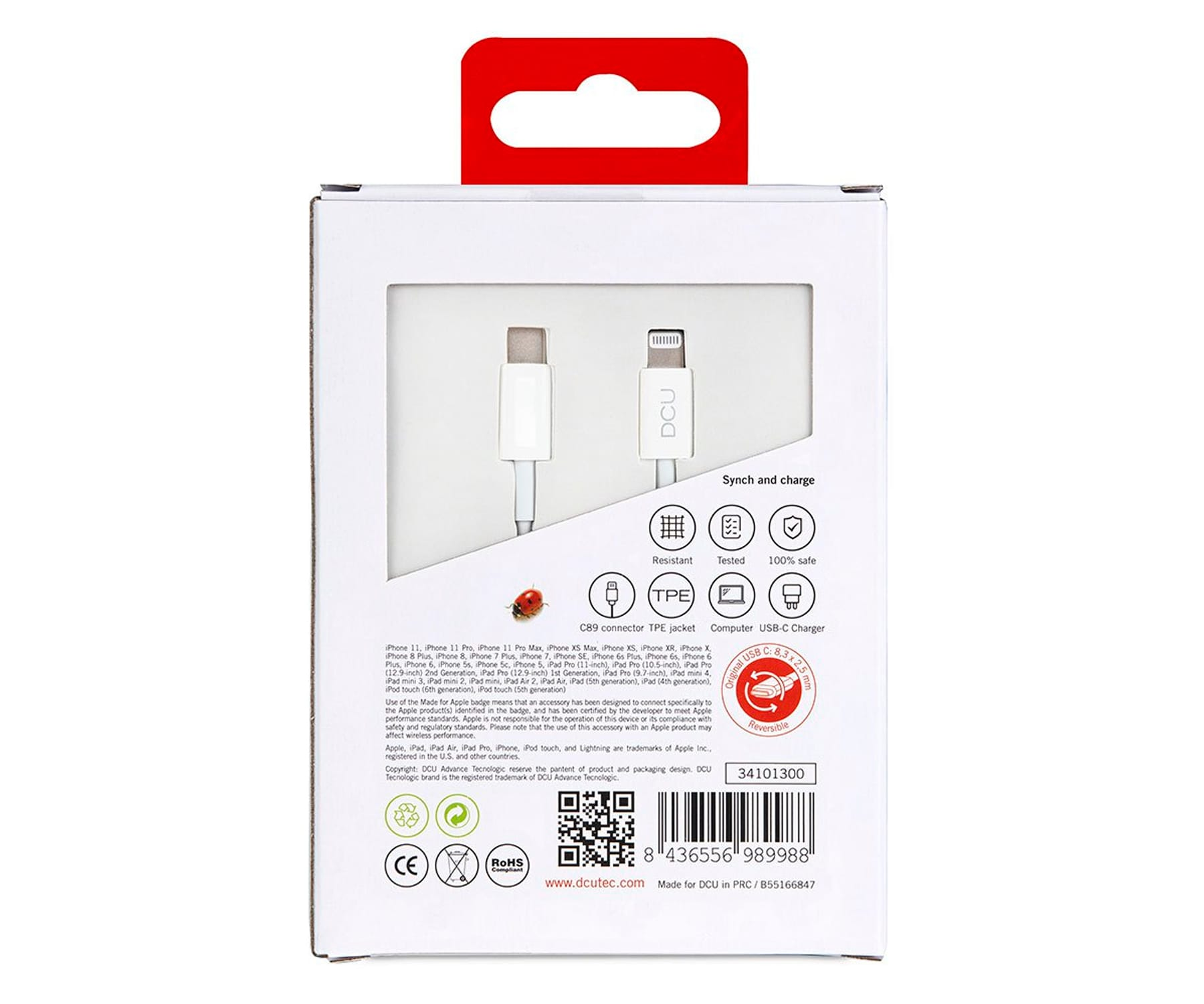 Il retro di una scatola bianca con un cavo da USB-C a Lightning, con testo e codice QR.