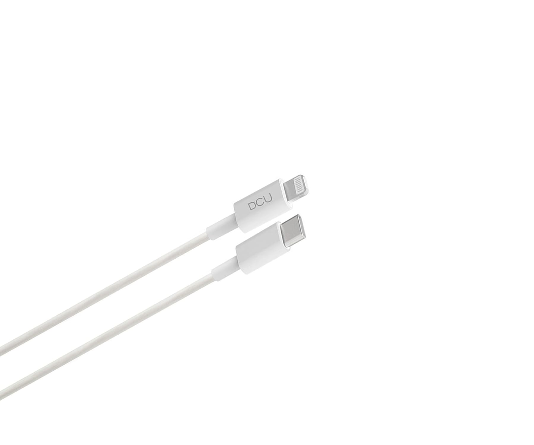 Due cavi di ricarica bianchi. Uno con connettore Lightning Apple e uno con USB-C.