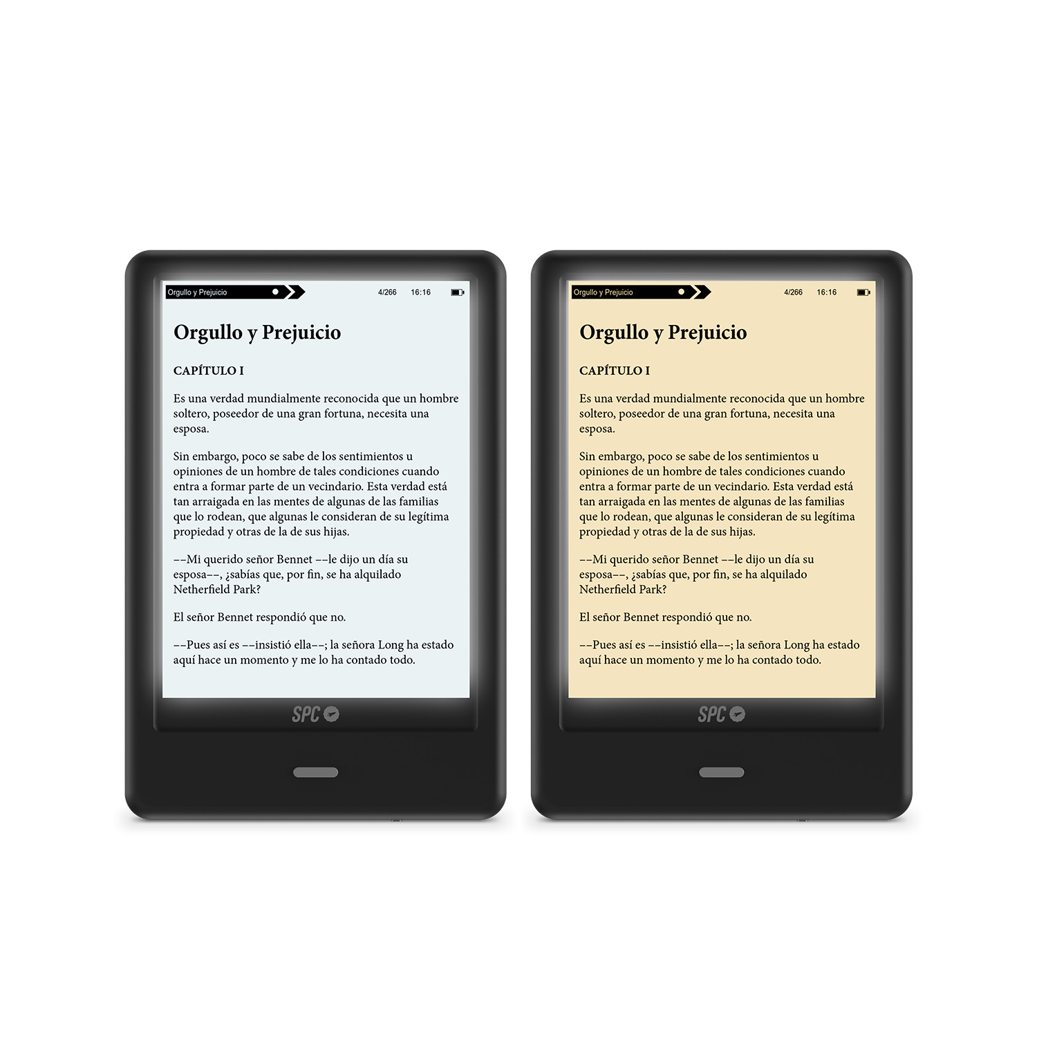 Dos lectores electrónicos mostrando texto de 'Orgullo y Prejuicio', sobre blanco.
