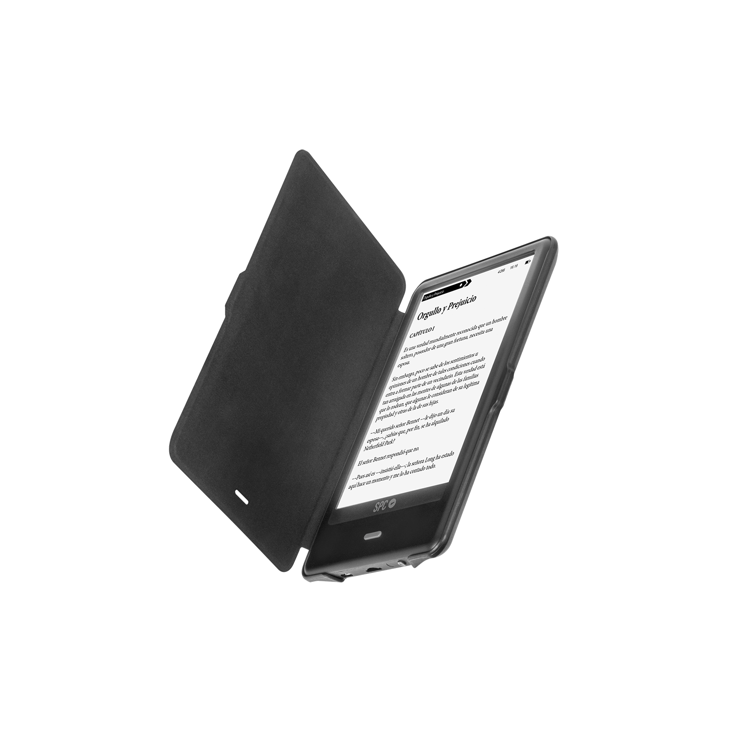 Un lector de libros electrónicos con una cubierta negra y una pantalla que muestra texto. El fondo es negro.