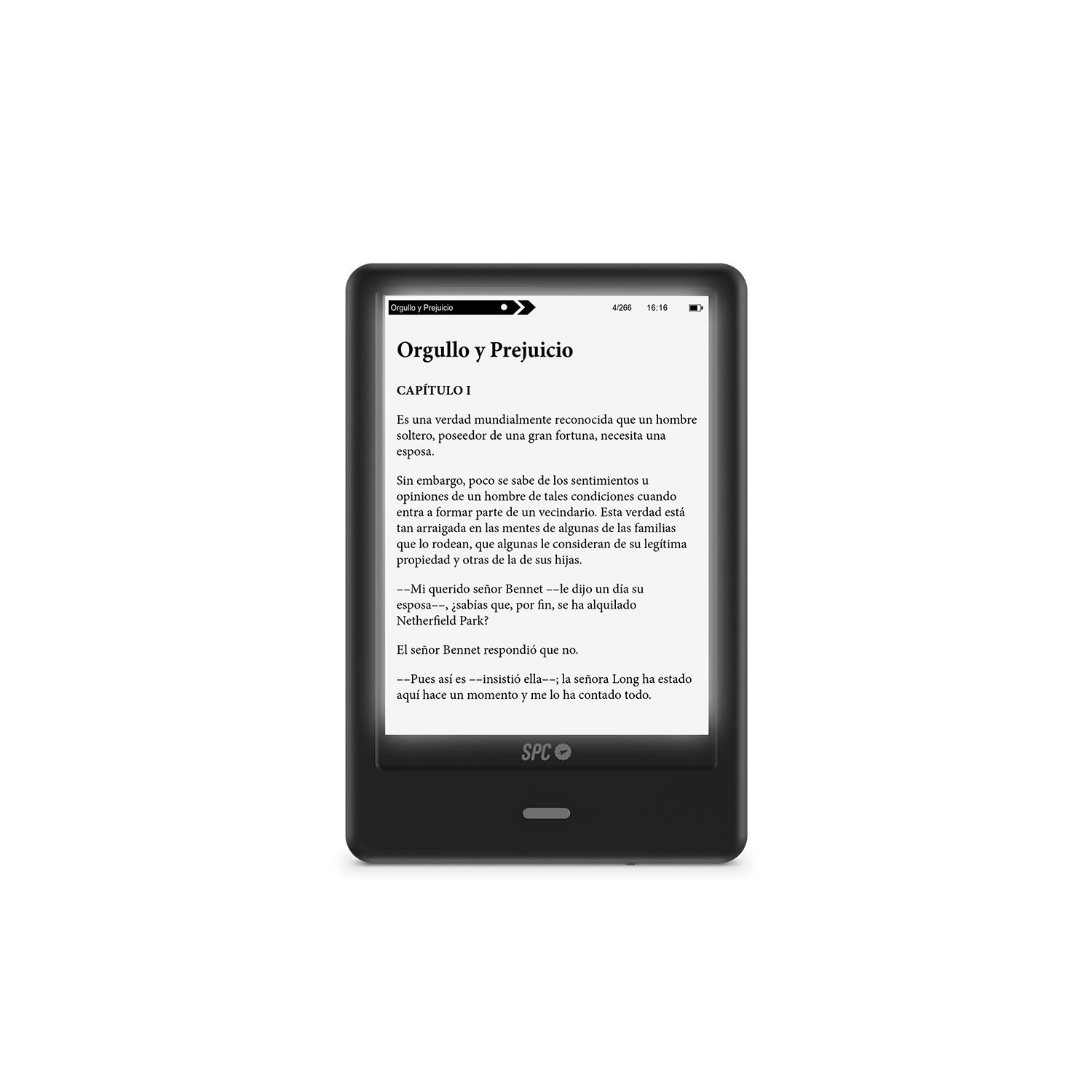 Lector electrónico con texto de Orgullo y Prejuicio en pantalla sobre fondo blanco.