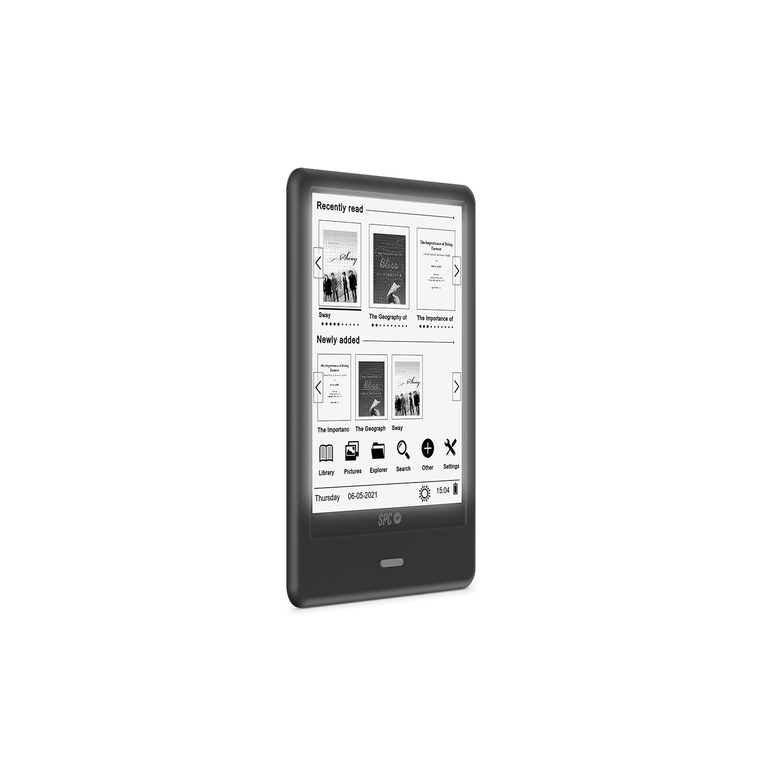 Lector electrónico que muestra una lista de libros. El dispositivo es negro con una pantalla blanca. El fondo es blanco.