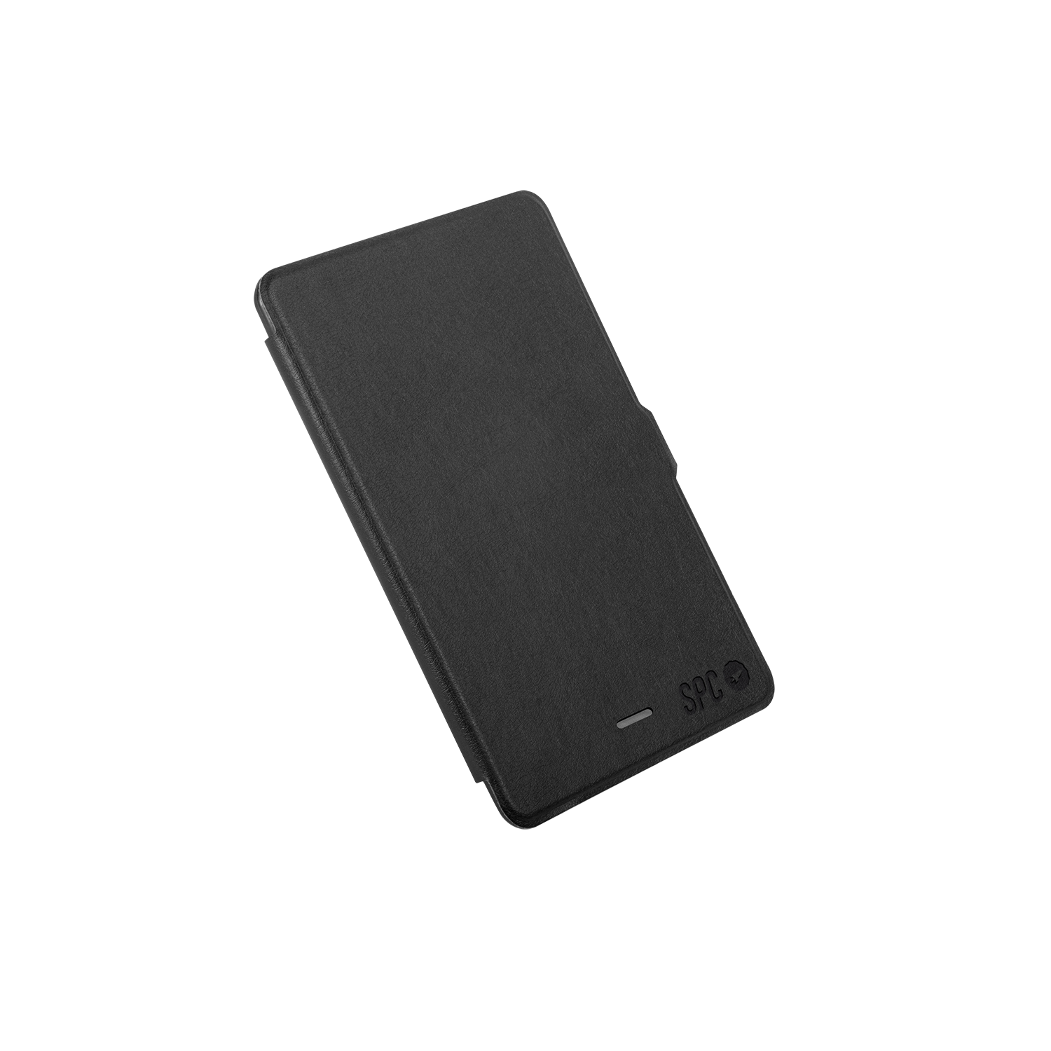 Funda de teléfono negra, cerrada, sobre un fondo negro. Tiene un pequeño logotipo de SPC en la esquina inferior derecha.