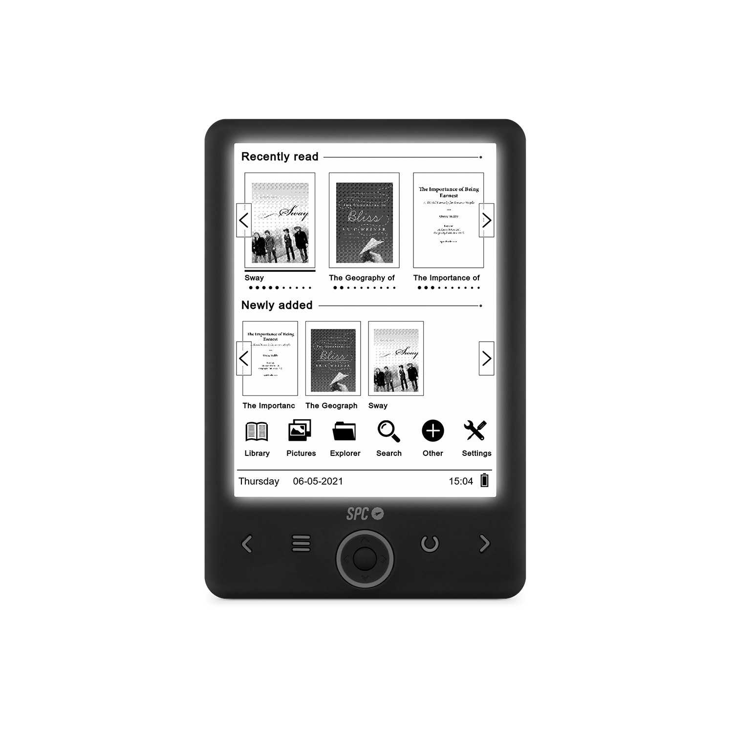 Czarny czytnik e-booków z ekranem dotykowym wyświetlającym okładki książek. Białe tło.