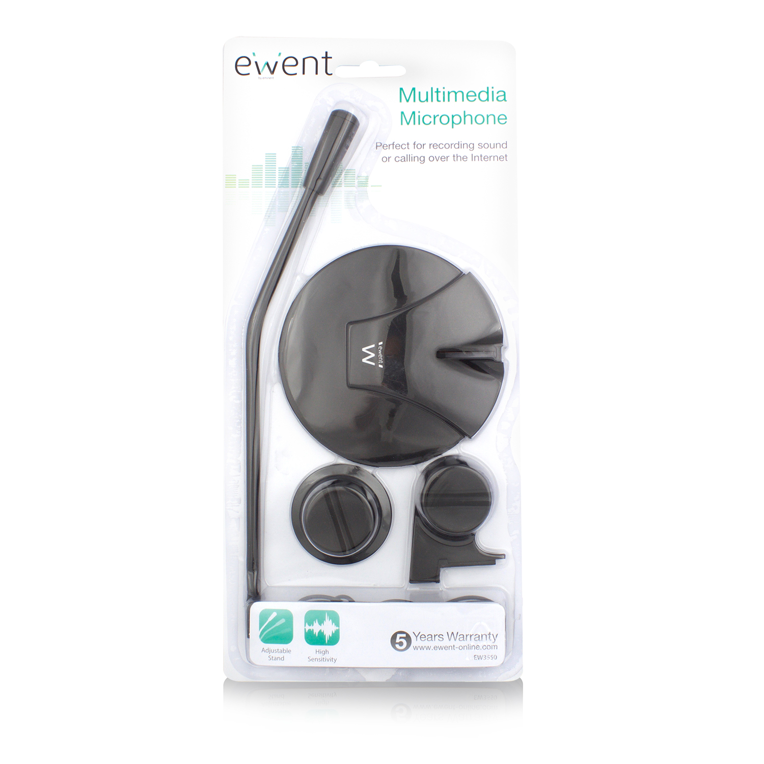 Microfono multimediale in confezione di plastica. Include un supporto ed etichetta 'ewent'.