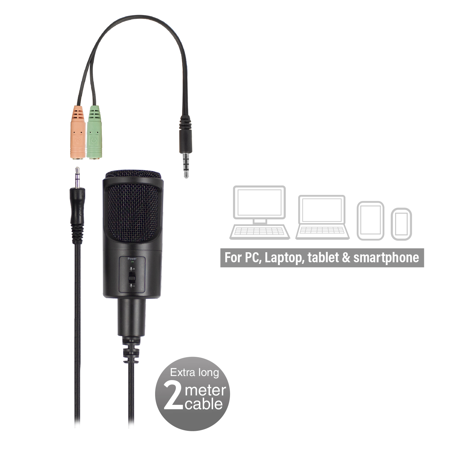 Un microfono nero con un cavo e due jack audio. C'è un diagramma di PC, tablet e telefono.