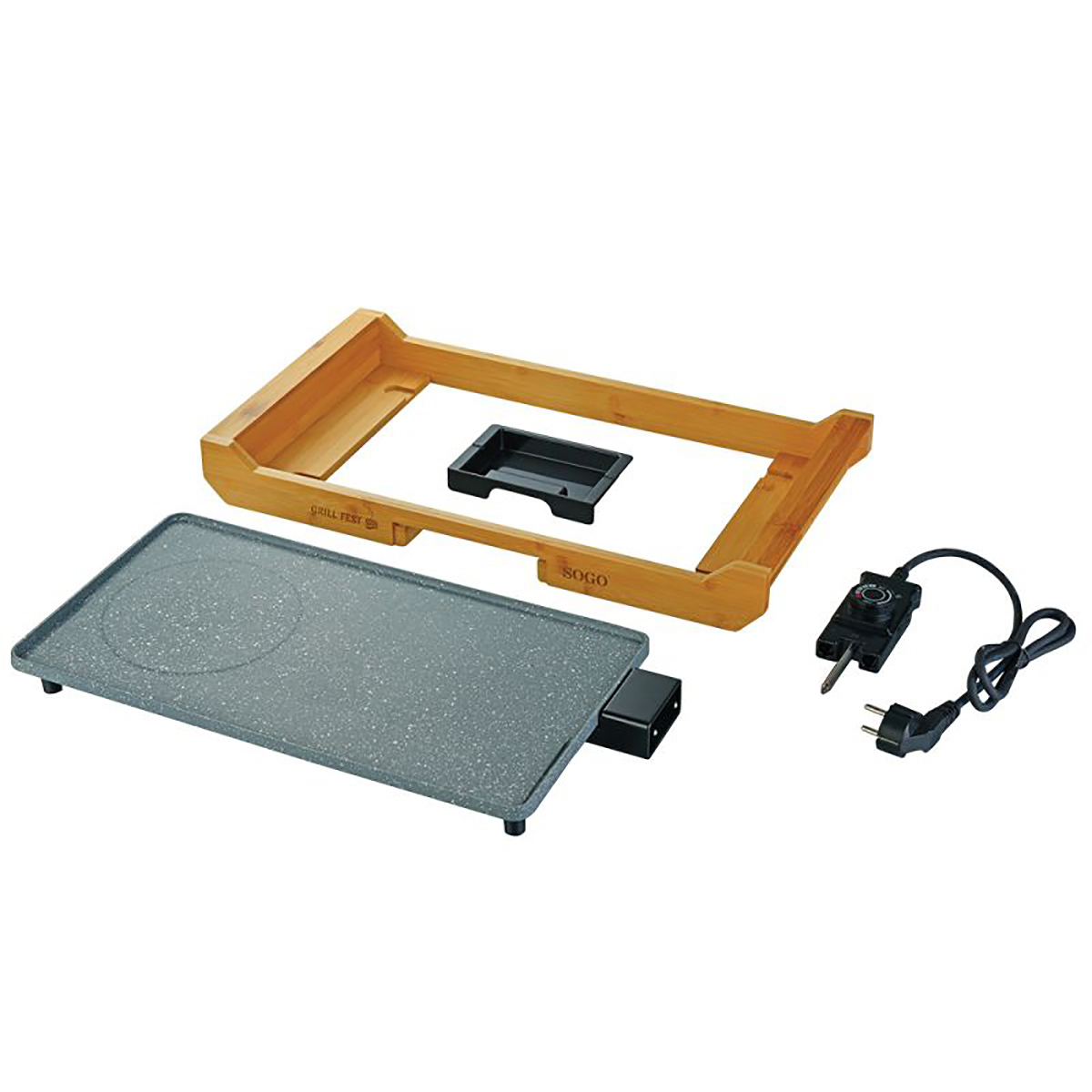 Parrilla eléctrica SOGO con marco de madera, bandeja negra y cable de alimentación. Placa gris.