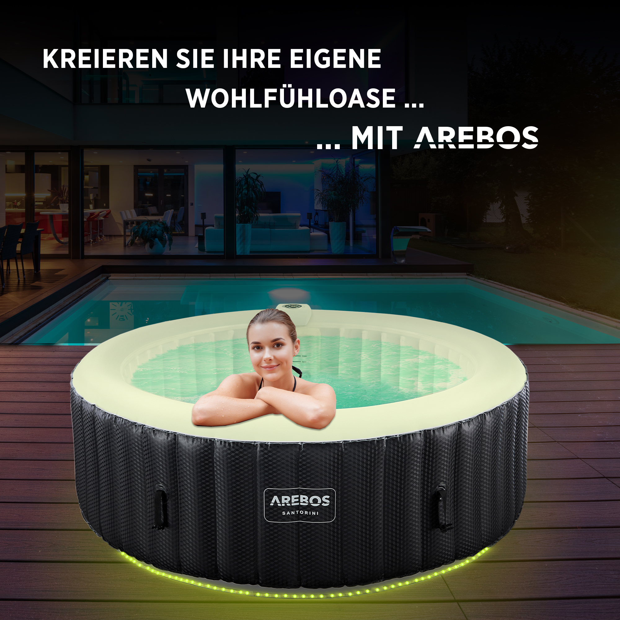 Frau im Whirlpool mit schwarzem und beigefarbenem Äußeren. Grünes Wasser mit Lichtern. Hintergrund: Haus und Pool.