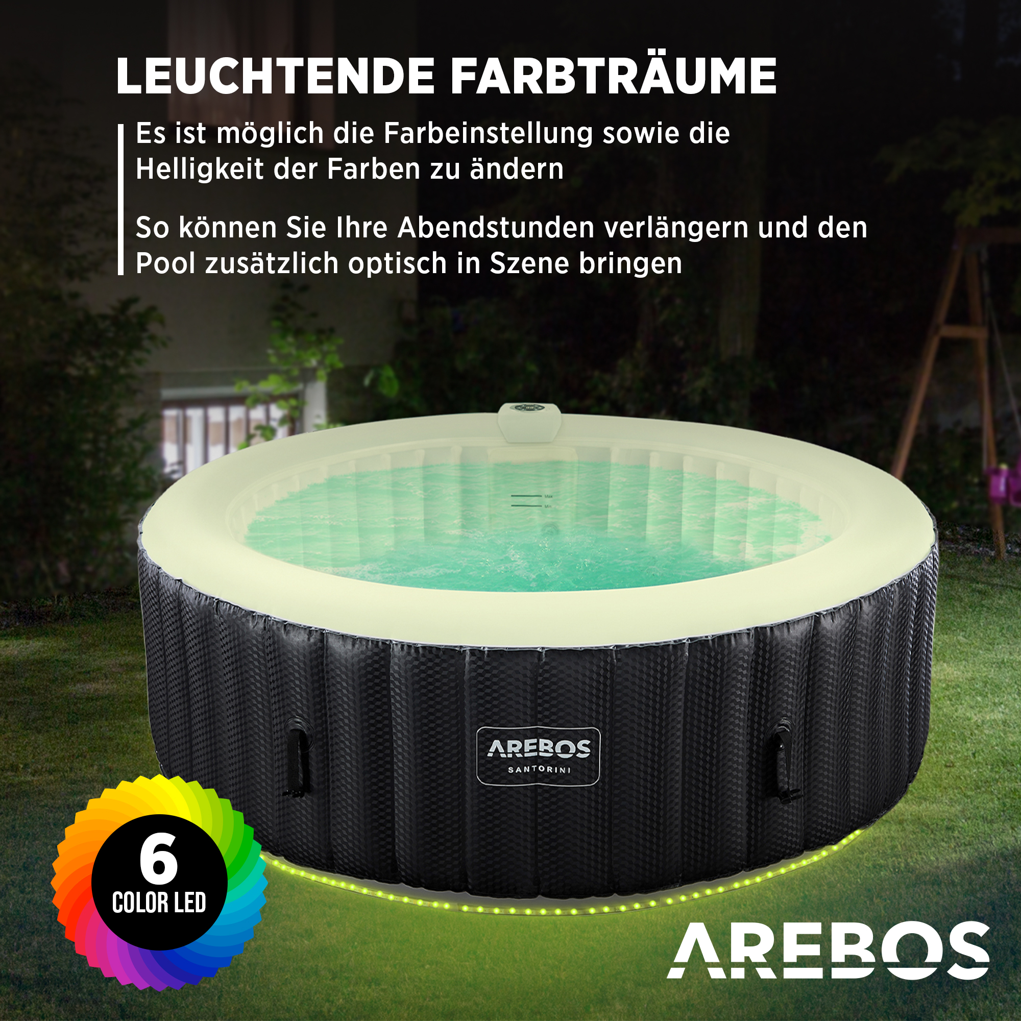 Ein aufblasbarer Whirlpool mit grünem Wasser steht auf dem Rasen.