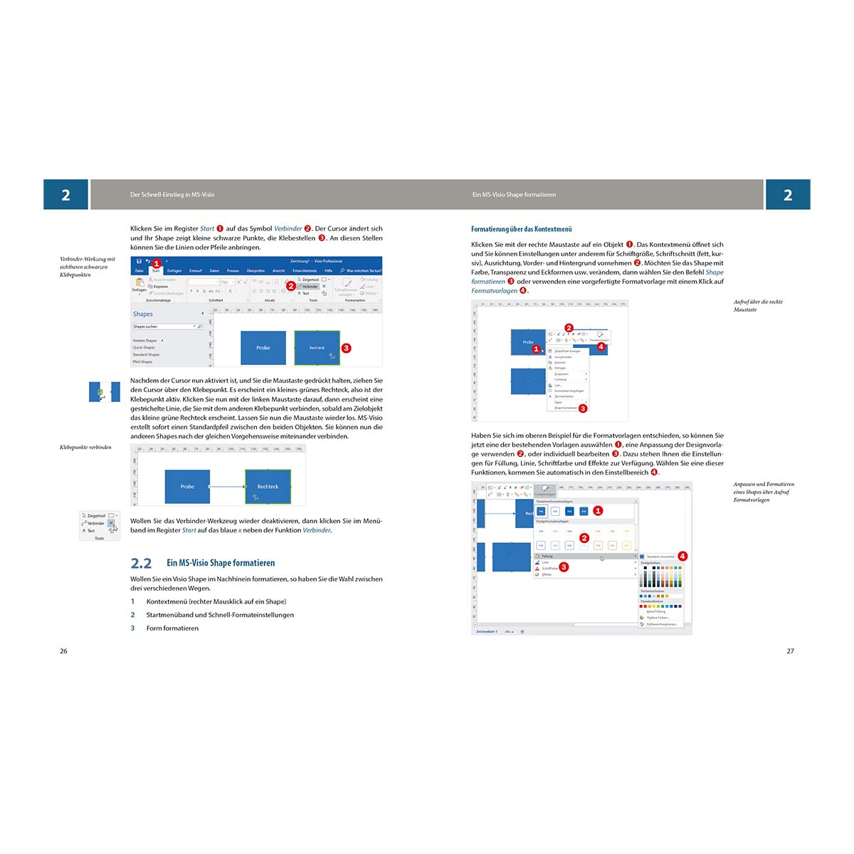 Doppelseite eines Buches mit Seitenlayout mit Diagrammen, Formen und nummerierten Anweisungen.