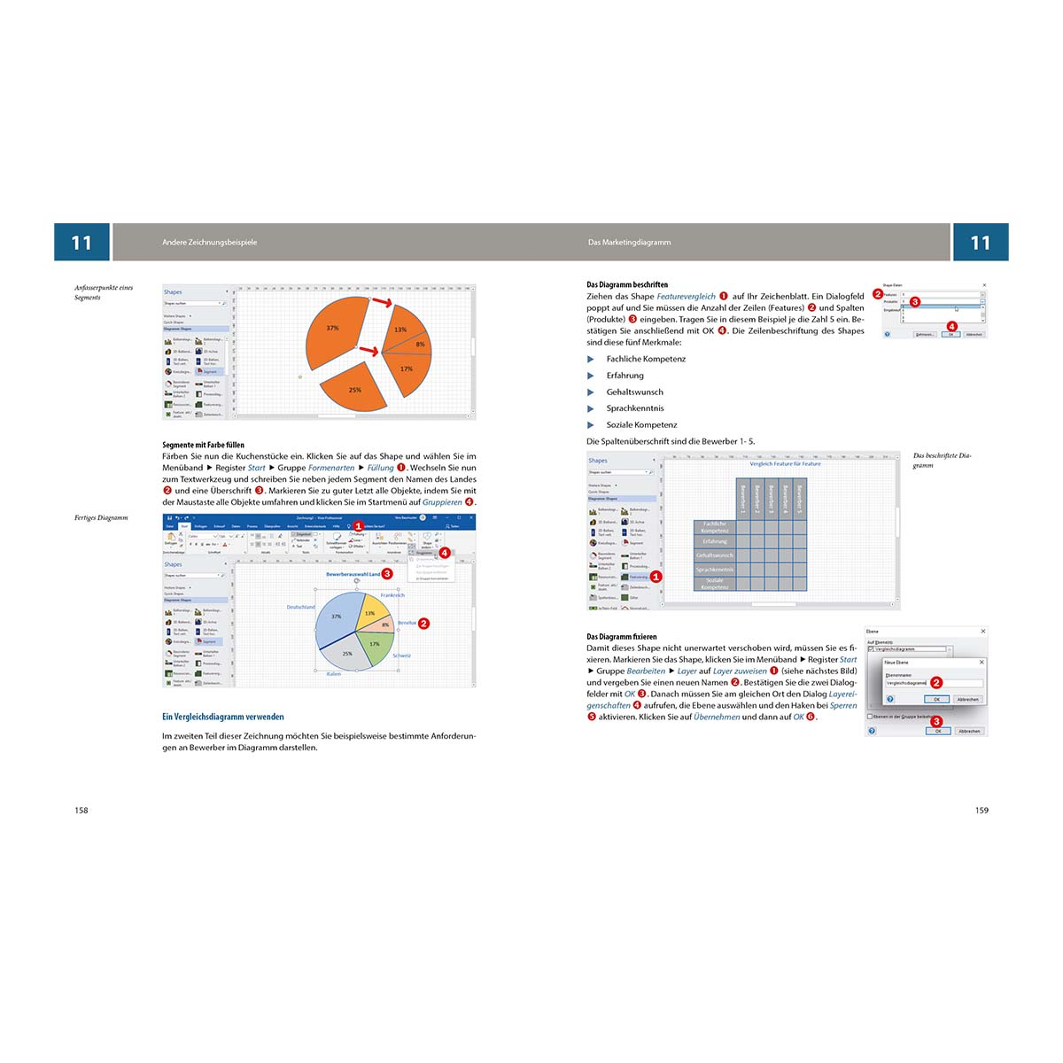 Seiten aus einem Buch mit Diagrammen und Text über Excel. Zwei Kreisdiagramme werden gezeigt.