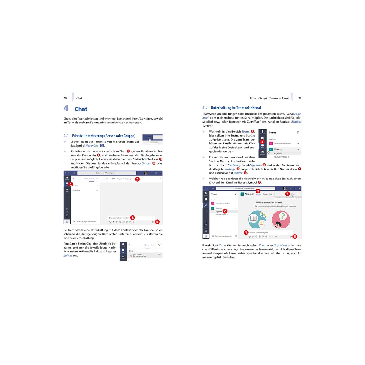 Seite aus einem Softwarehandbuch. Screenshots einer Chat-Oberfläche. Blaues, weißes und graues Farbschema.