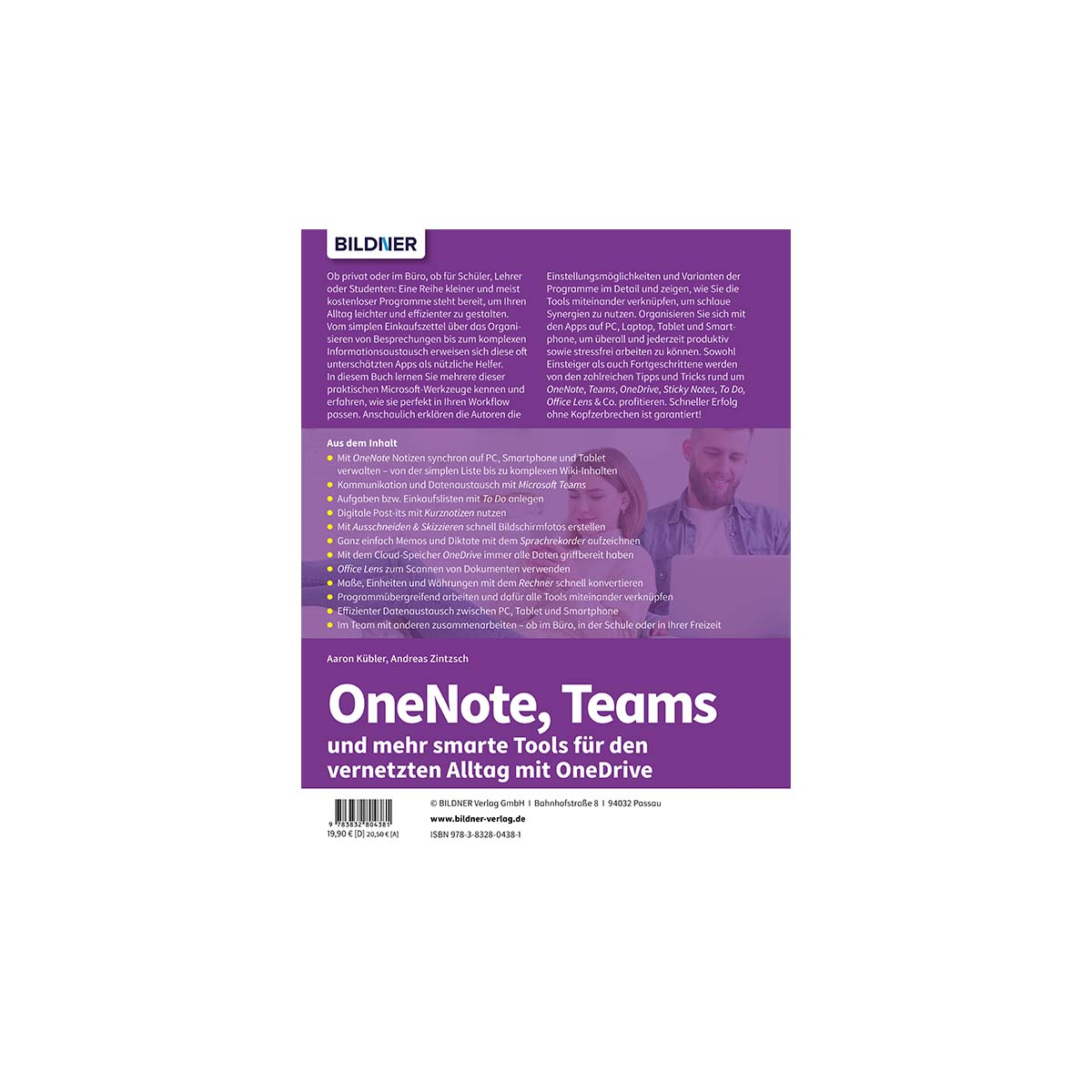 Buchcover mit Text. Der Titel lautet 'OneNote, Teams' in fetten Buchstaben, mit lila Hintergrund.