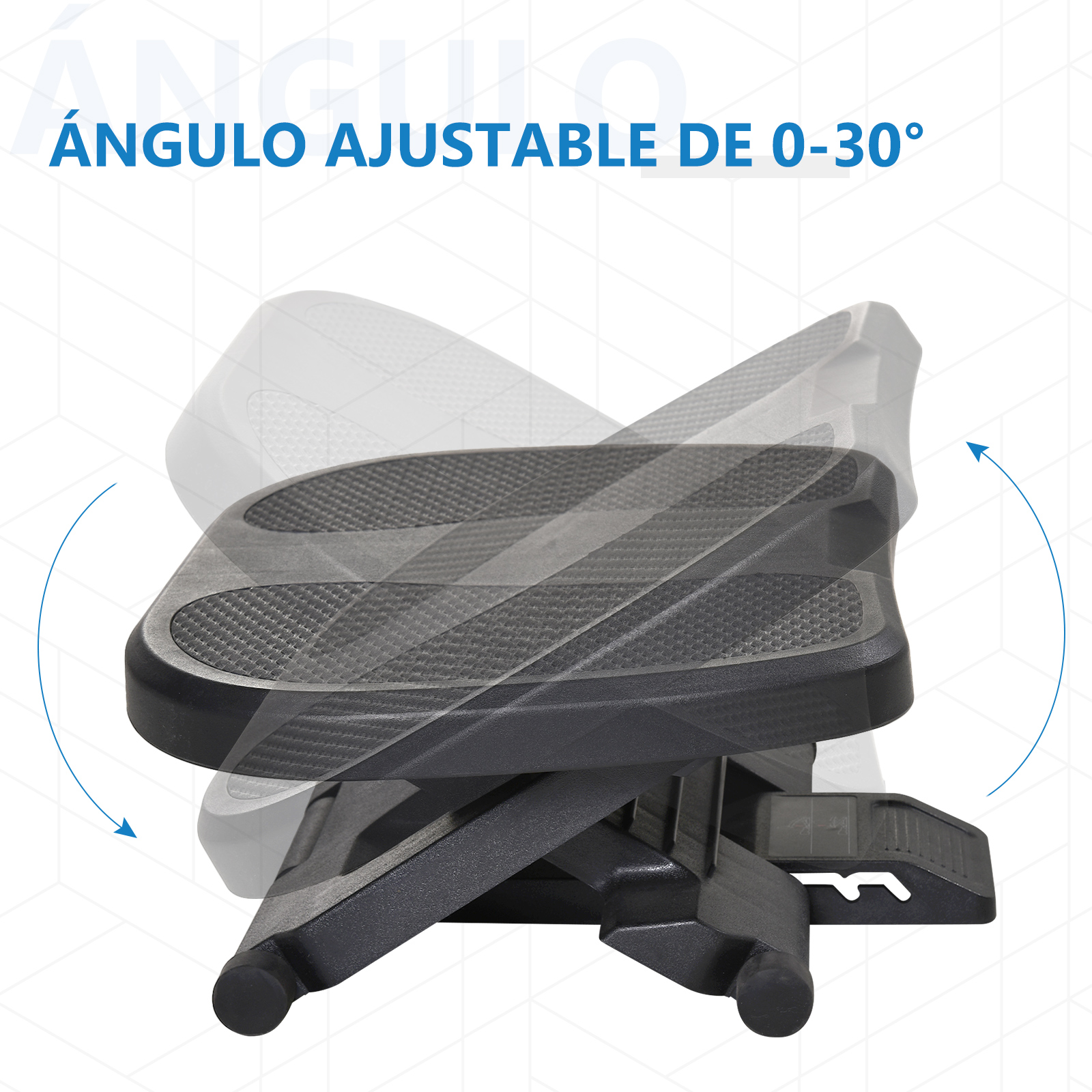 Un reposapiés negro con ángulo ajustable de 0-30 grados. Flechas azules apuntan al rango.
