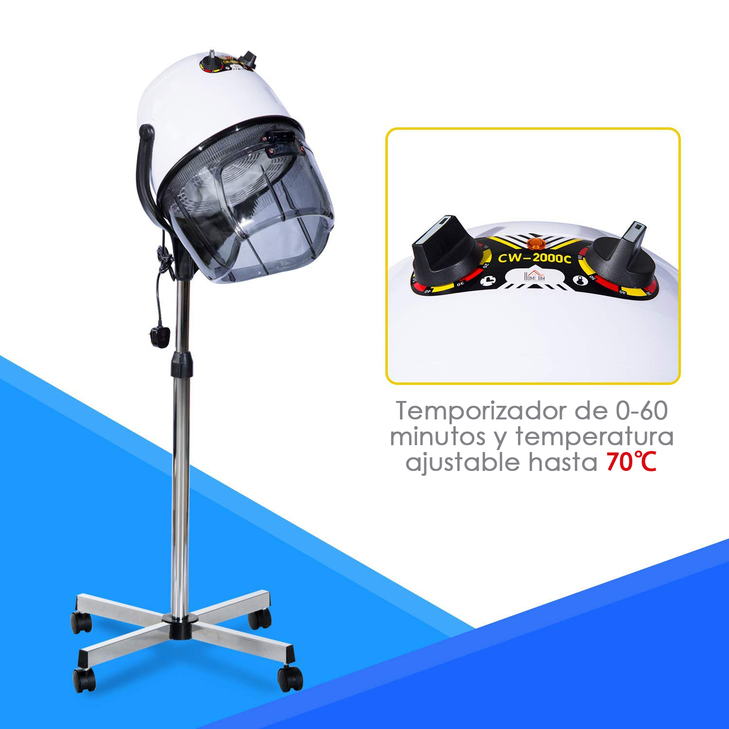 Secador de pelo blanco con pie y ruedas. Tiene una campana transparente y un panel de control.