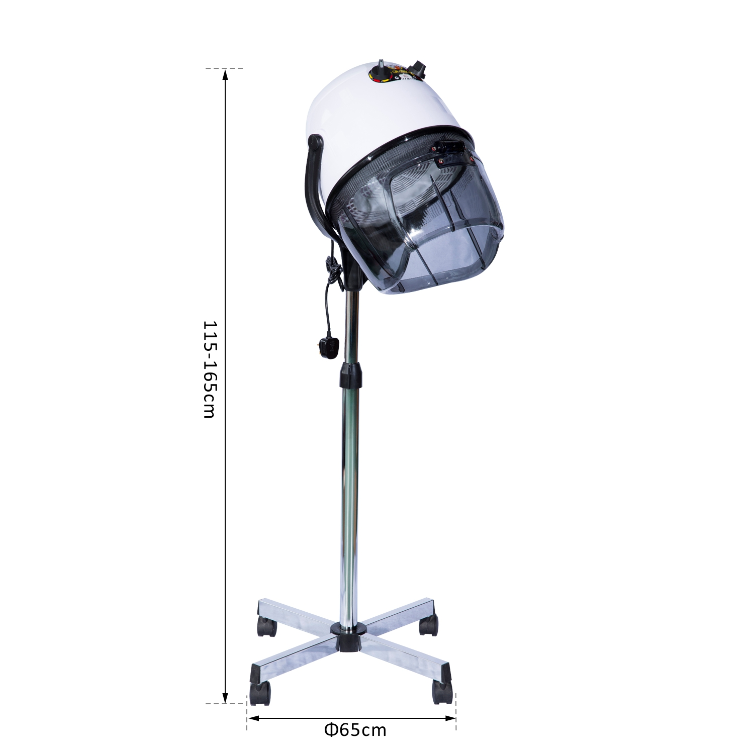 Un secador de pelo de salón blanco sobre un soporte con ruedas. Las dimensiones se indican en el lateral.