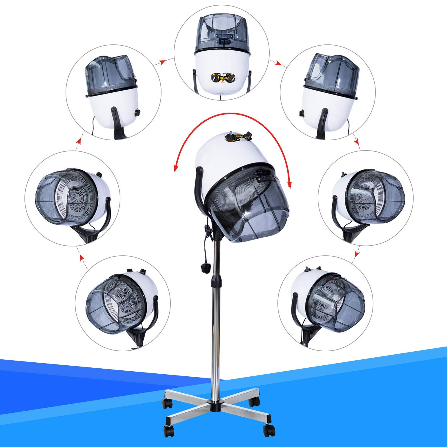 Secador de pelo con múltiples vistas alrededor de un soporte. El secador es blanco con una rejilla negra al frente.