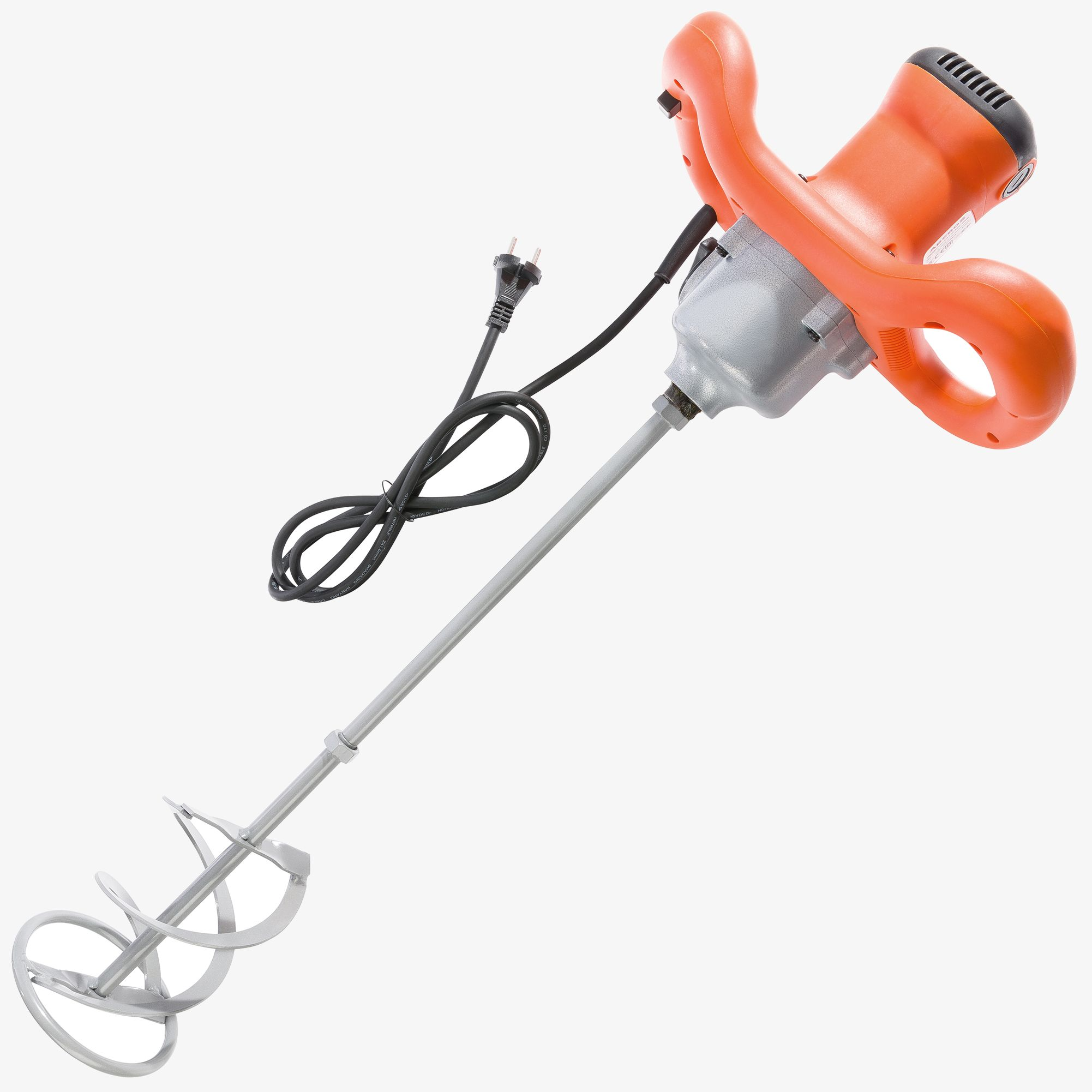 Ein orangefarbener und grauer Elektromixer mit langem Stiel und lockigem Mixende, vor weißem Hintergrund.