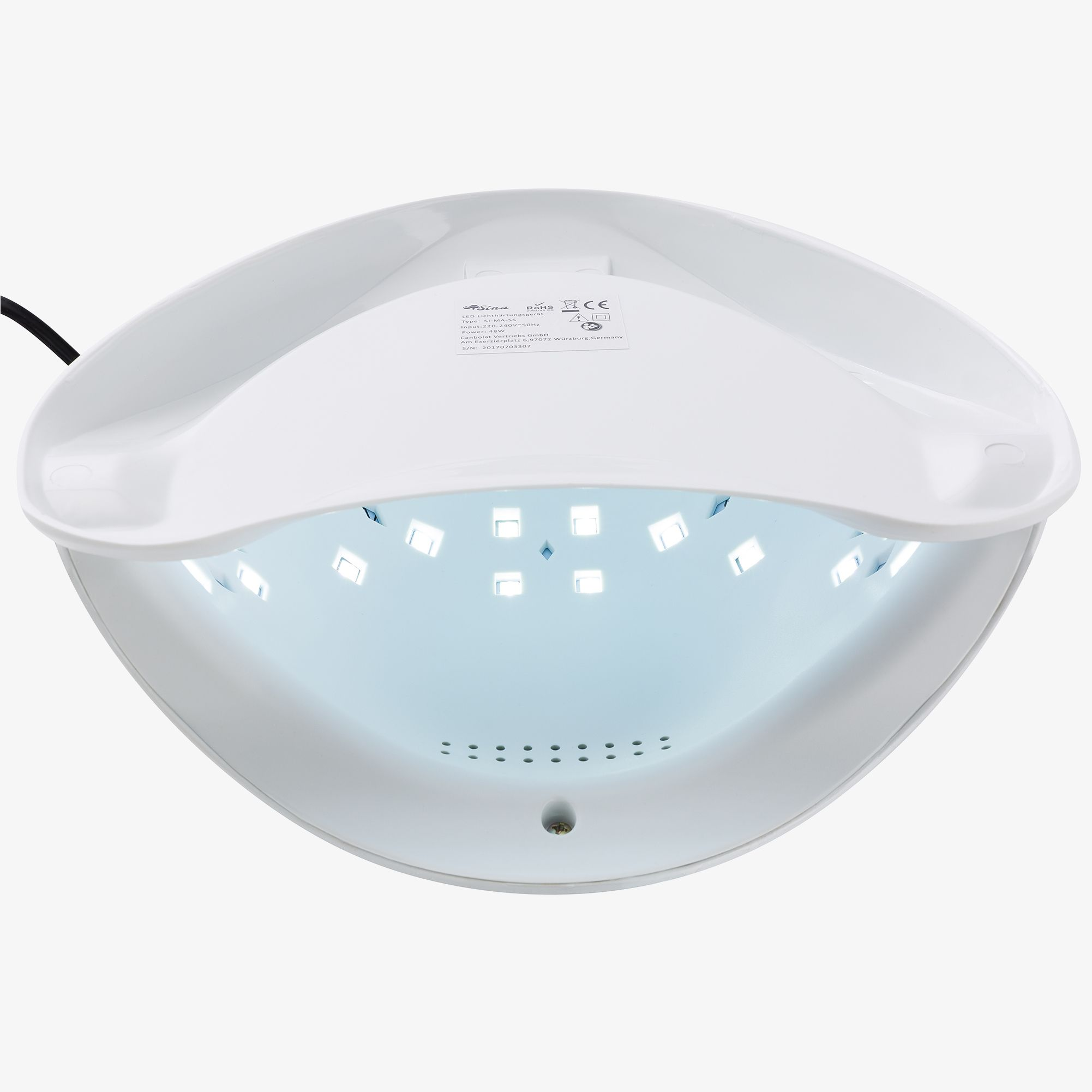 Eine weiße UV-Nagellampe mit vielen LED-Leuchten im Inneren, von oben vor weißem Hintergrund betrachtet.